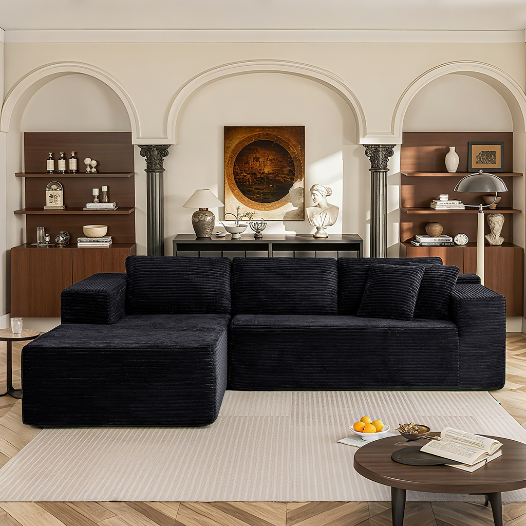 HOMREST 106 inch Cloud Sectional Couch with Chaise Lounge for Living Room Bedroom Apartment, Corduroy Fabric, Black