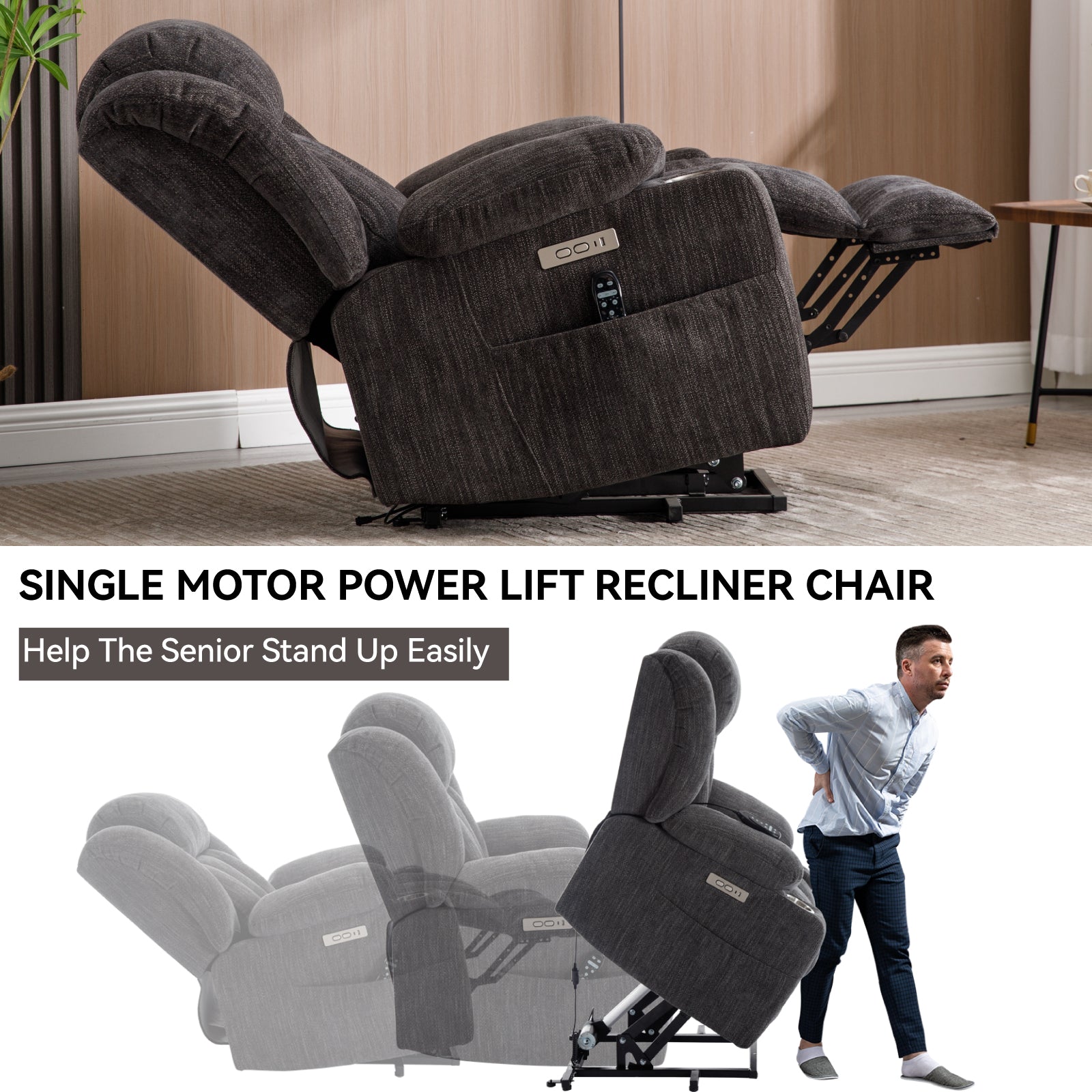Homrest Premium Electric Recliner Chair with 8-Point Massage & Heating, Plush Chenille Fabric, Dark Gray