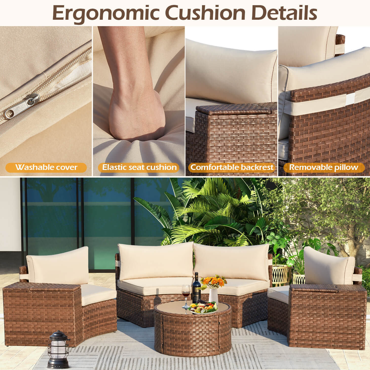 HOMREST Outdoor Patio Furniture Set, 7-Piece Half-Moon Wicker Patio Sofa Set with Storage Table, Brown & Beige
