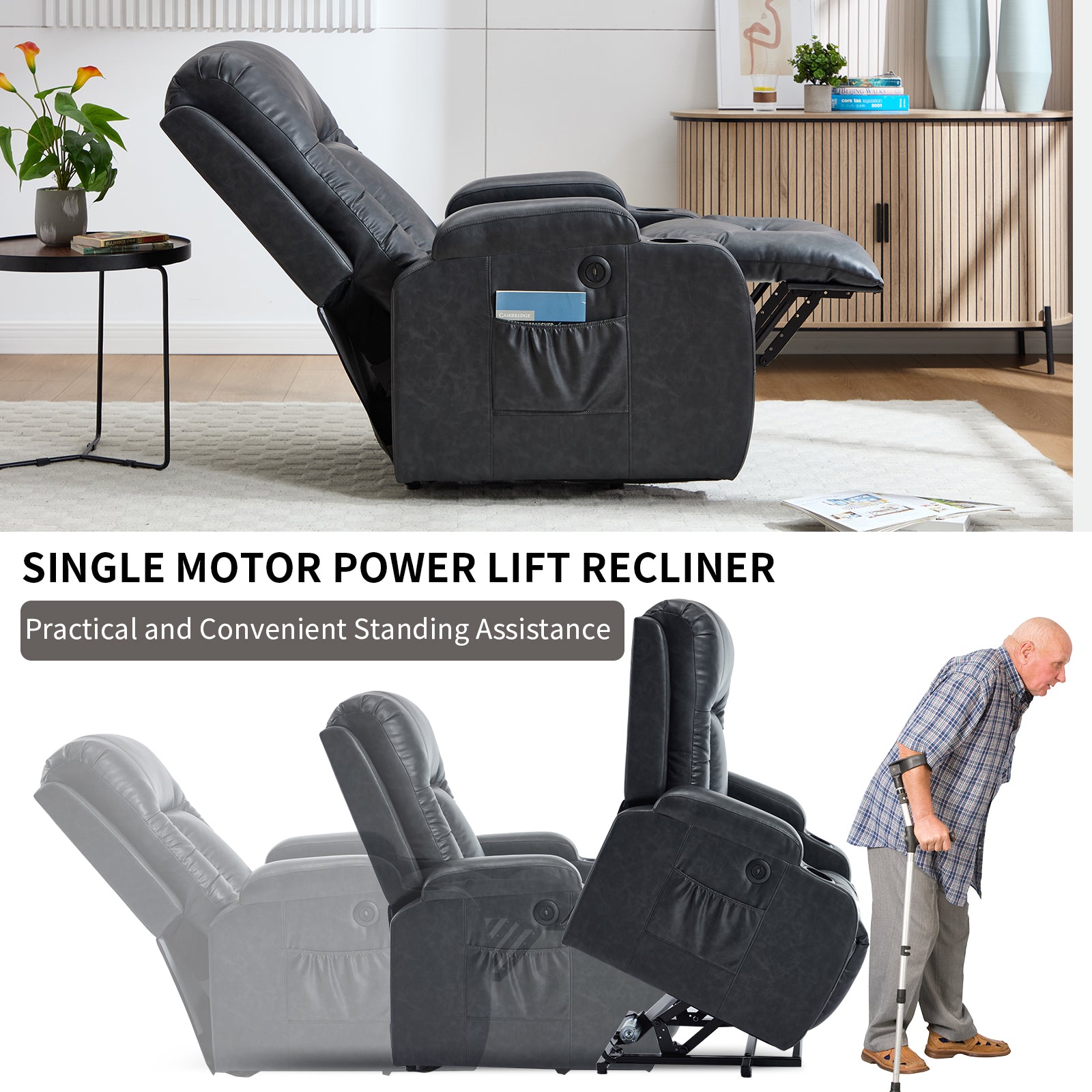 HOMREST PU Infinite Position Power Lift Recliner Chair for Elderly, 8-Point Massage & Heating, Gray