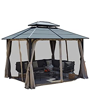 Homrest 10' x 12' Hardtop Gazebo Outdoor Double Iron Roof with Curtains and Netting