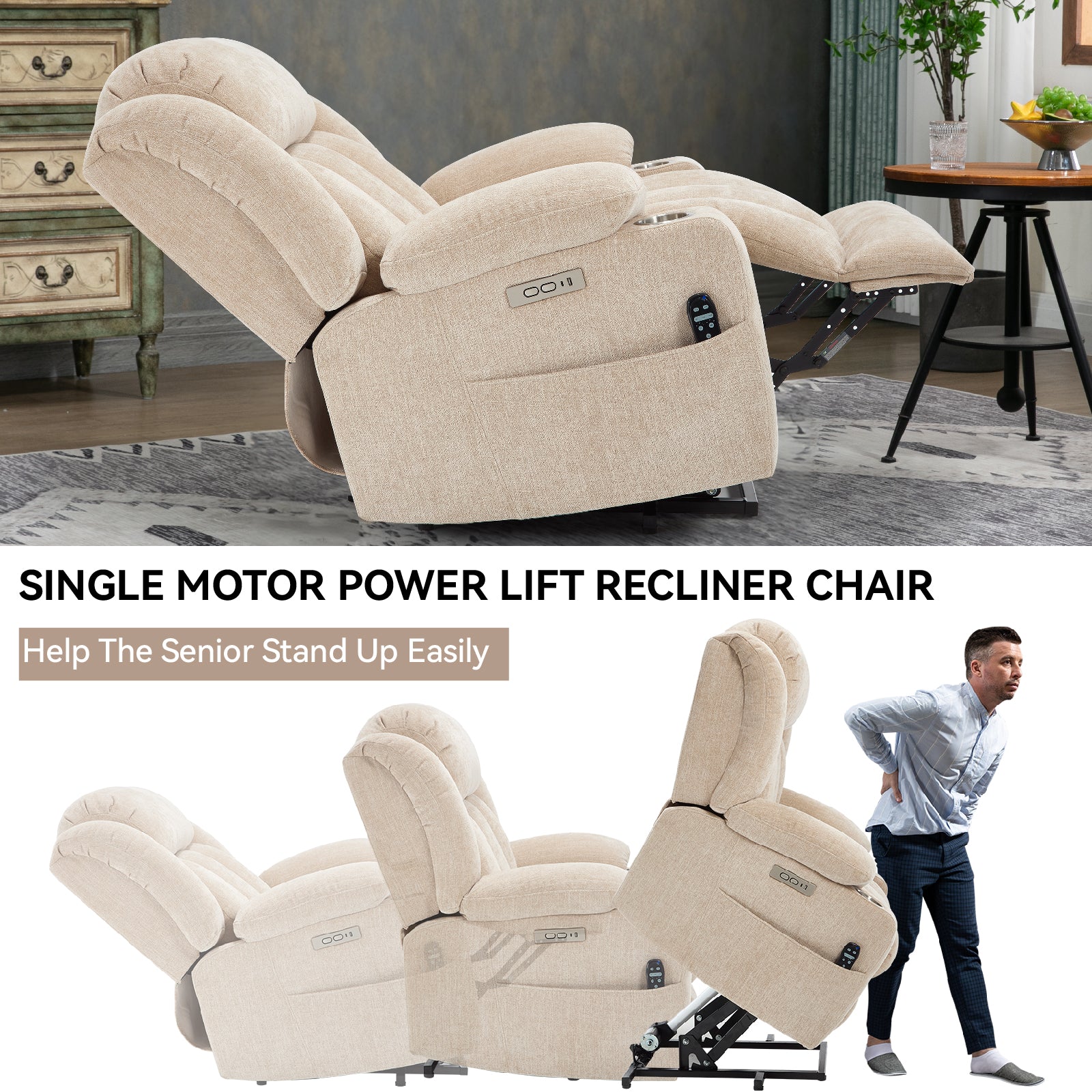Homrest Premium Electric Recliner Chair with 8-Point Massage & Heating, Plush Chenille Fabric, Brown