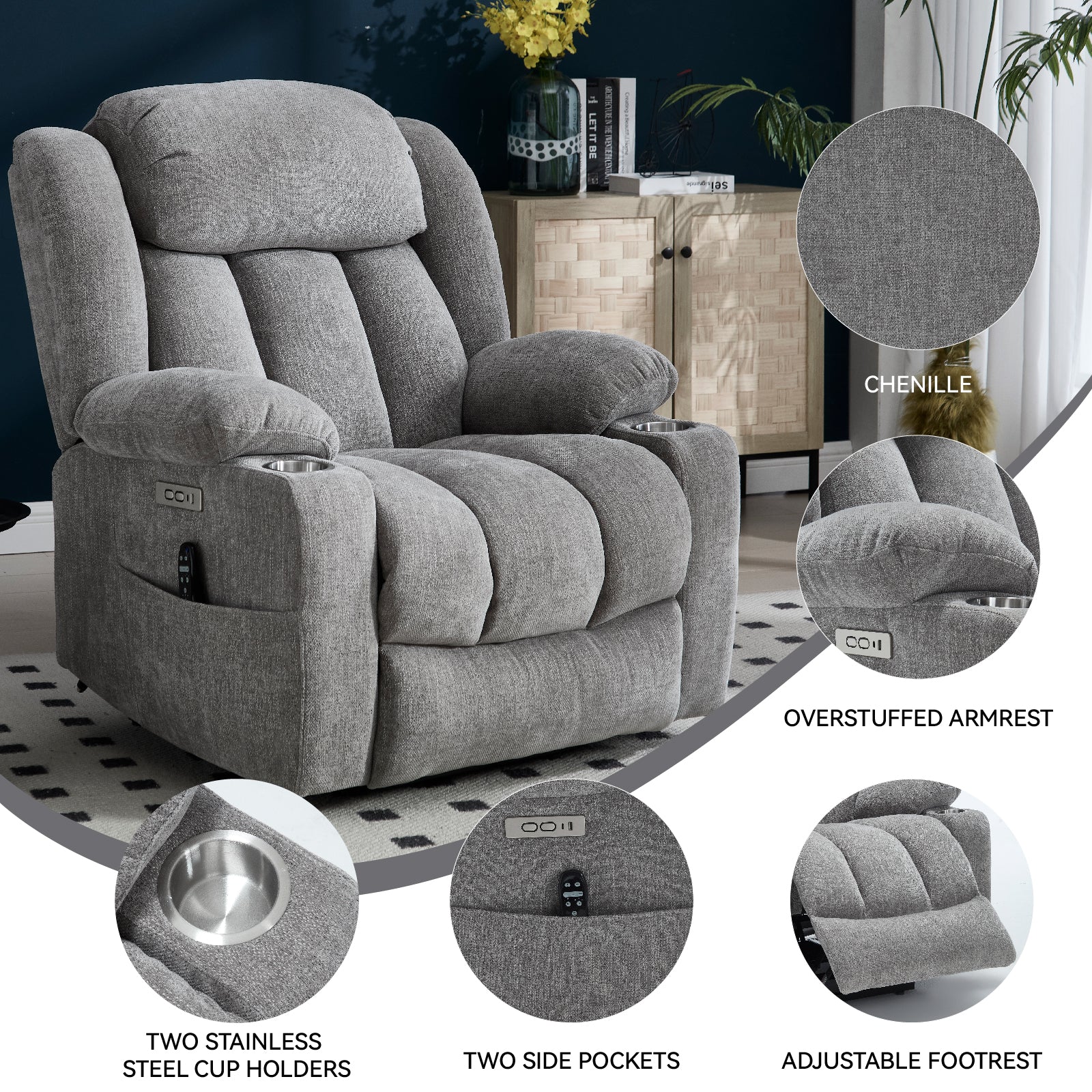 Homrest Premium Electric Recliner Chair with 8-Point Massage & Heating, Plush Chenille Fabric, Gray