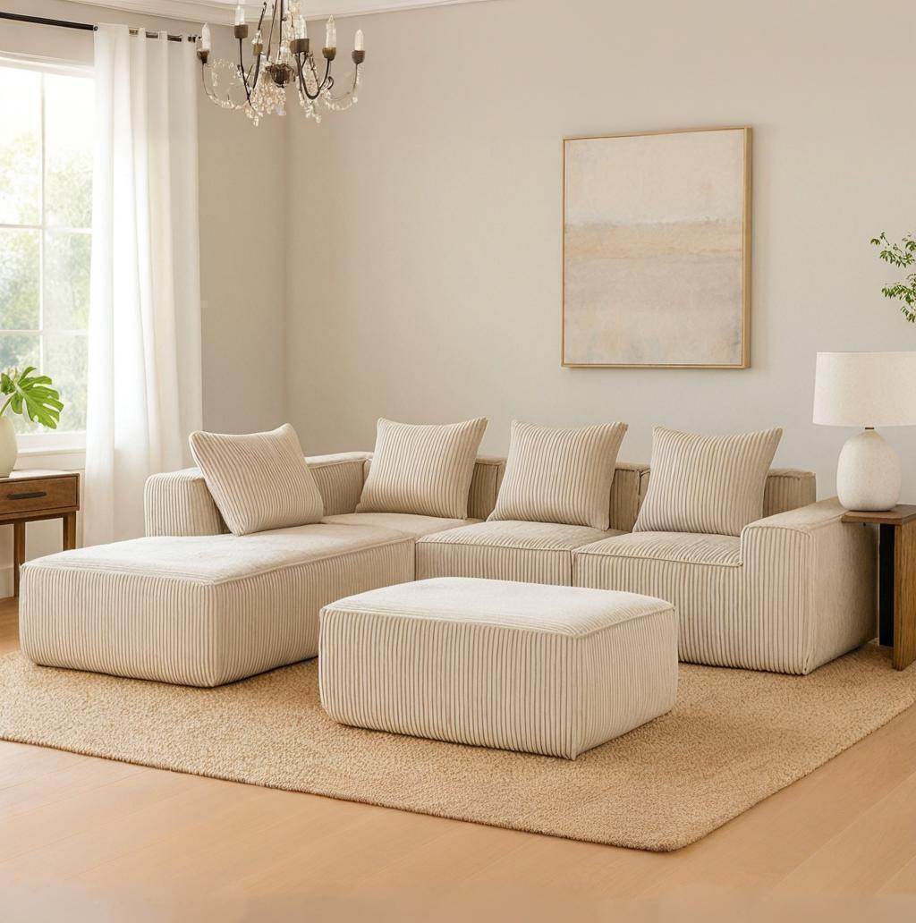 HOMREST 5-Seat Modular Sofa, Corduroy Lounge Couch with Free Combination Design and Throw Pillows, Beige