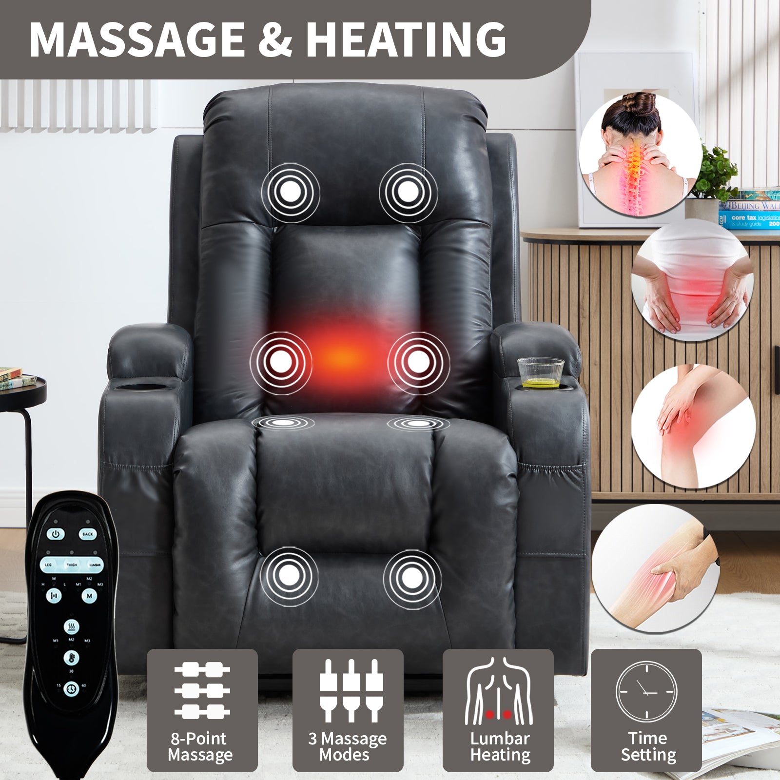 HOMREST PU Infinite Position Power Lift Recliner Chair for Elderly, 8-Point Massage & Heating, Gray