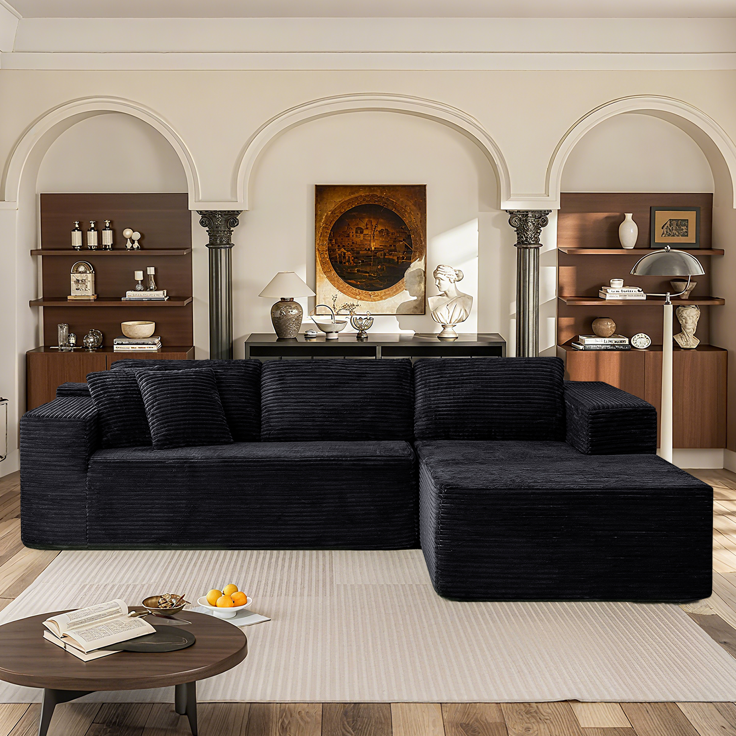 HOMREST 106 inch Cloud Sectional Couch with Chaise Lounge for Living Room, Corduroy Fabric, Black
