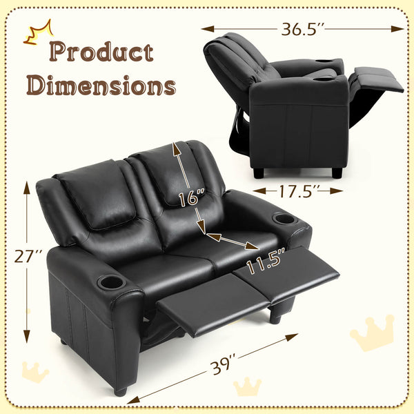 HOMREST Kids Recliner Chair, Double Kids Sofa Chair w/Cup Holder PU Leather, Toddler Loveseat Couch w/Adjustable Footrest & Headres for Boys Girls 3+ Age Group, Classic Black