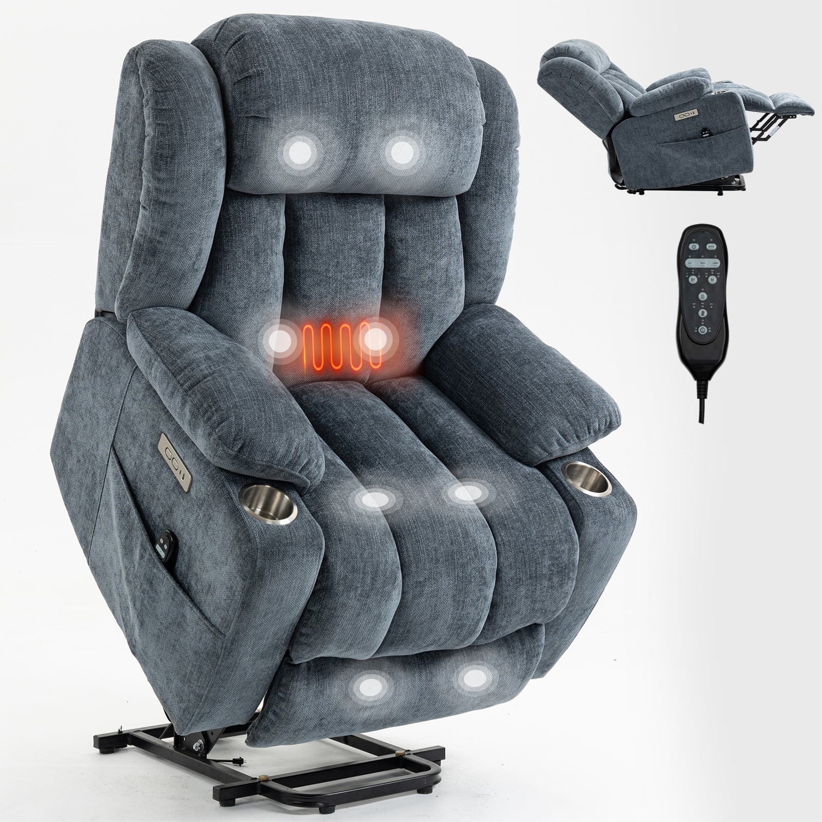 Homrest Premium Electric Recliner Chair with 8-Point Massage & Heating, Plush Chenille Fabric, Gray Blue