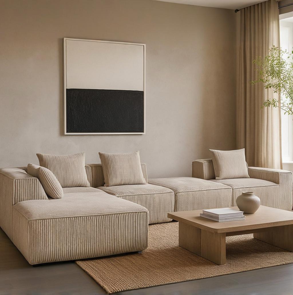 HOMREST 5-Seat Modular Sofa, Corduroy Lounge Couch with Free Combination Design and Throw Pillows, Beige