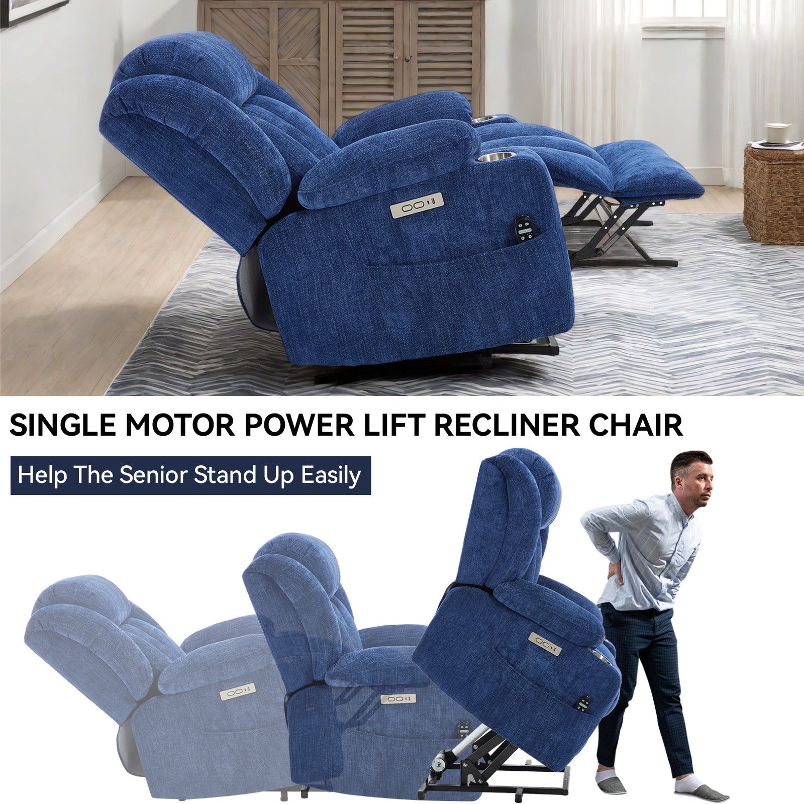 Homrest Premium Electric Recliner Chair with 8-Point Massage & Heating, Plush Chenille Fabric, Blue