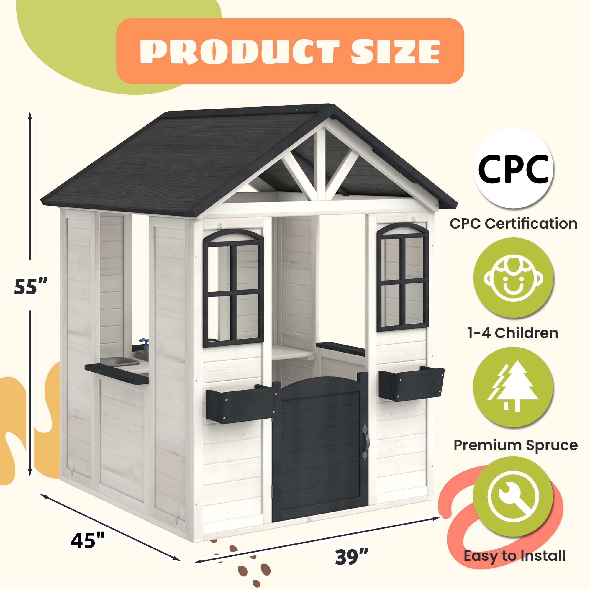 HOMREST Wooden Playhouse for Kids, Outdoor Garden Pretend Play Games, Adventure Cottage, with Working Door, Windows, Service Station, Flowers Pot Holders, White