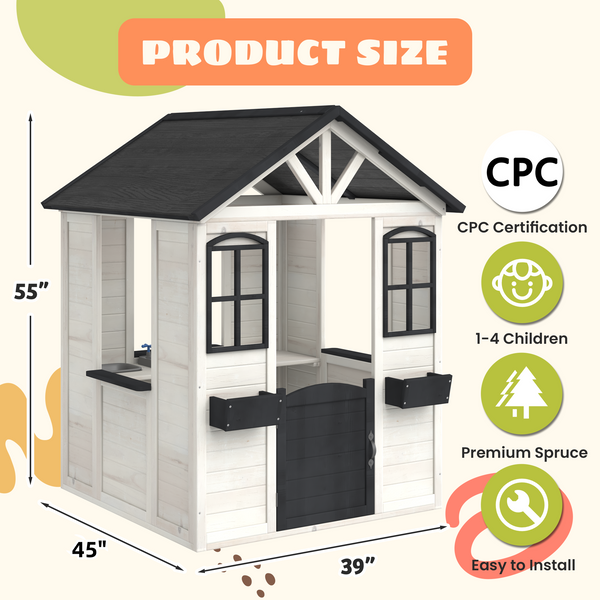 HOMREST Wooden Playhouse for Kids, Outdoor Garden Pretend Play Games, Adventure Cottage, with Working Door, Windows, Service Station, Flowers Pot Holders, White