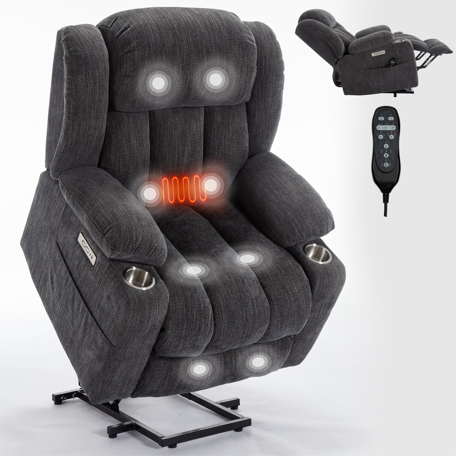 Homrest Premium Electric Recliner Chair with 8-Point Massage & Heating, Plush Chenille Fabric, Dark Gray
