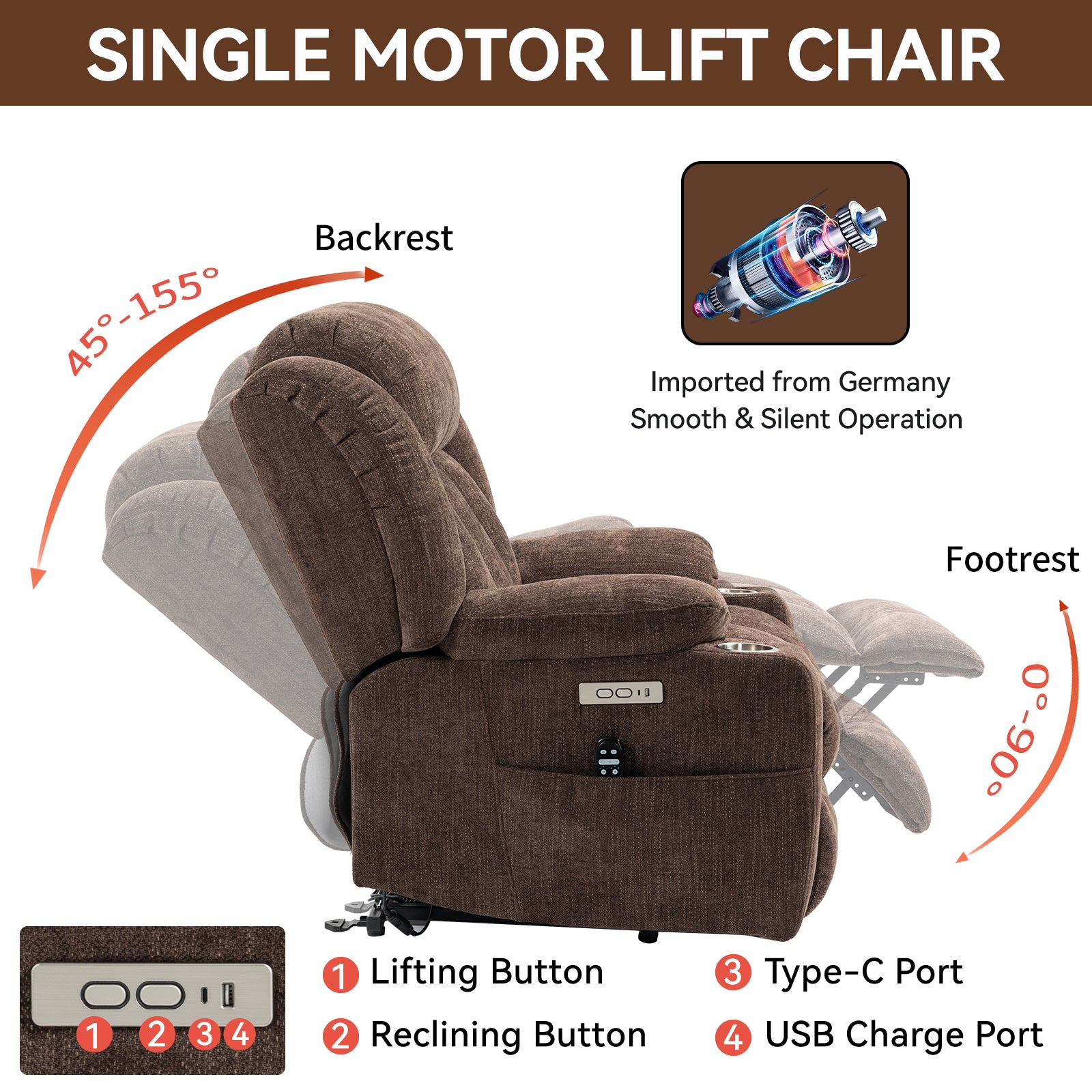 Homrest Premium Electric Recliner Chair with 8-Point Massage & Heating, Plush Chenille Fabric, Dark Brown