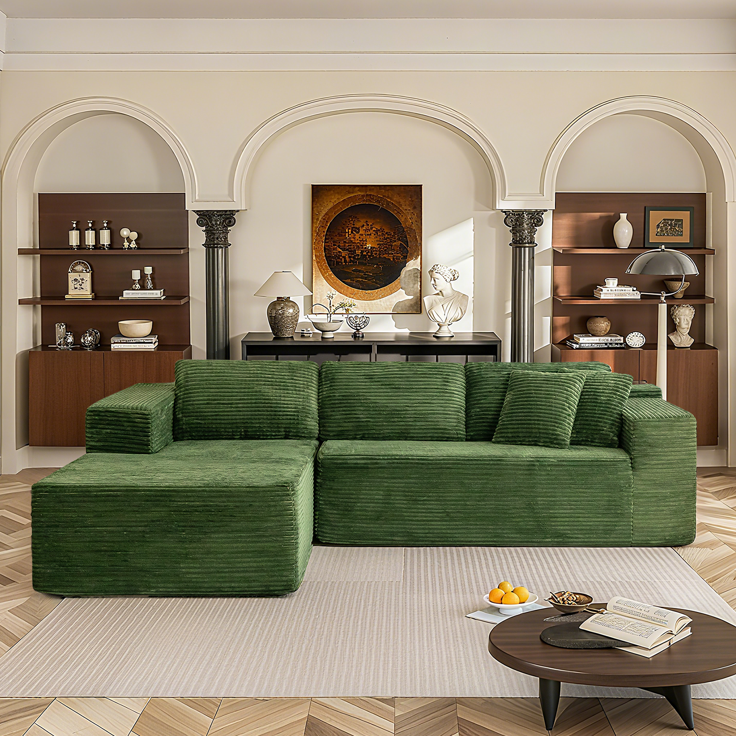 HOMREST 106 inch Cloud Sectional Couch with Chaise Lounge for Living Room Bedroom Apartment, Corduroy Fabric, Green
