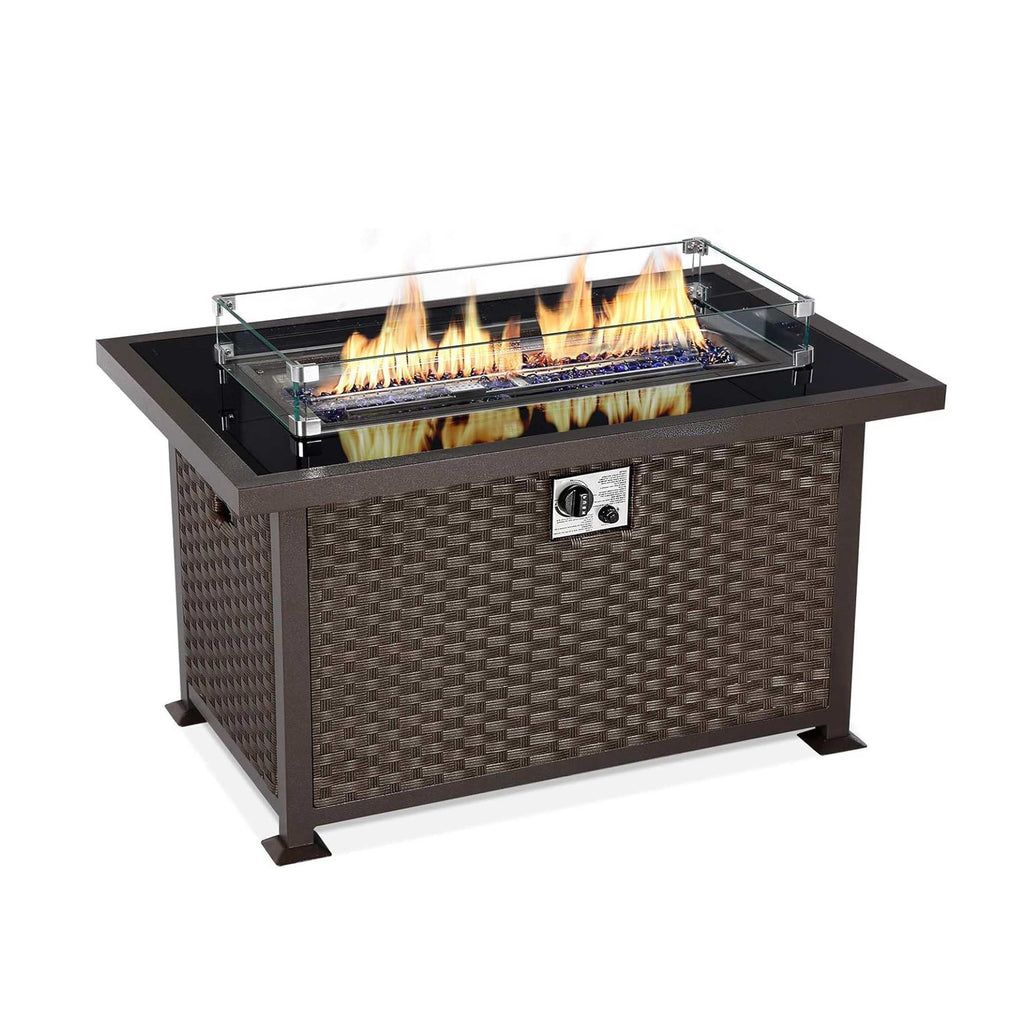 44 in Outdoor Propane Gas Fire Pit Table with Glass Wind Guard for Christmas Party and Decoration, Dark Brown