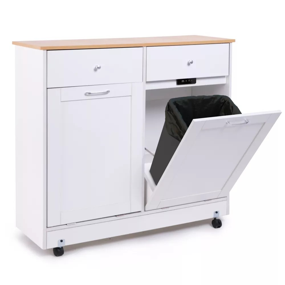 Homrest Double Tilt Trash Cabinet with 2 Drawers, Trash Cabinet with Storage on Wheels,white