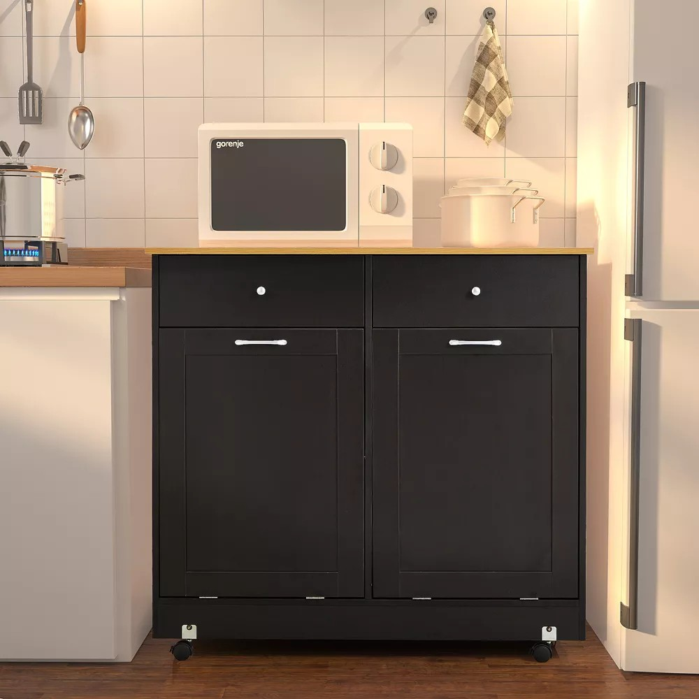 HOMREST Double Tilt Trash Cabinet with 2 Drawers, Trash Cabinet with Storage on Wheels, Black