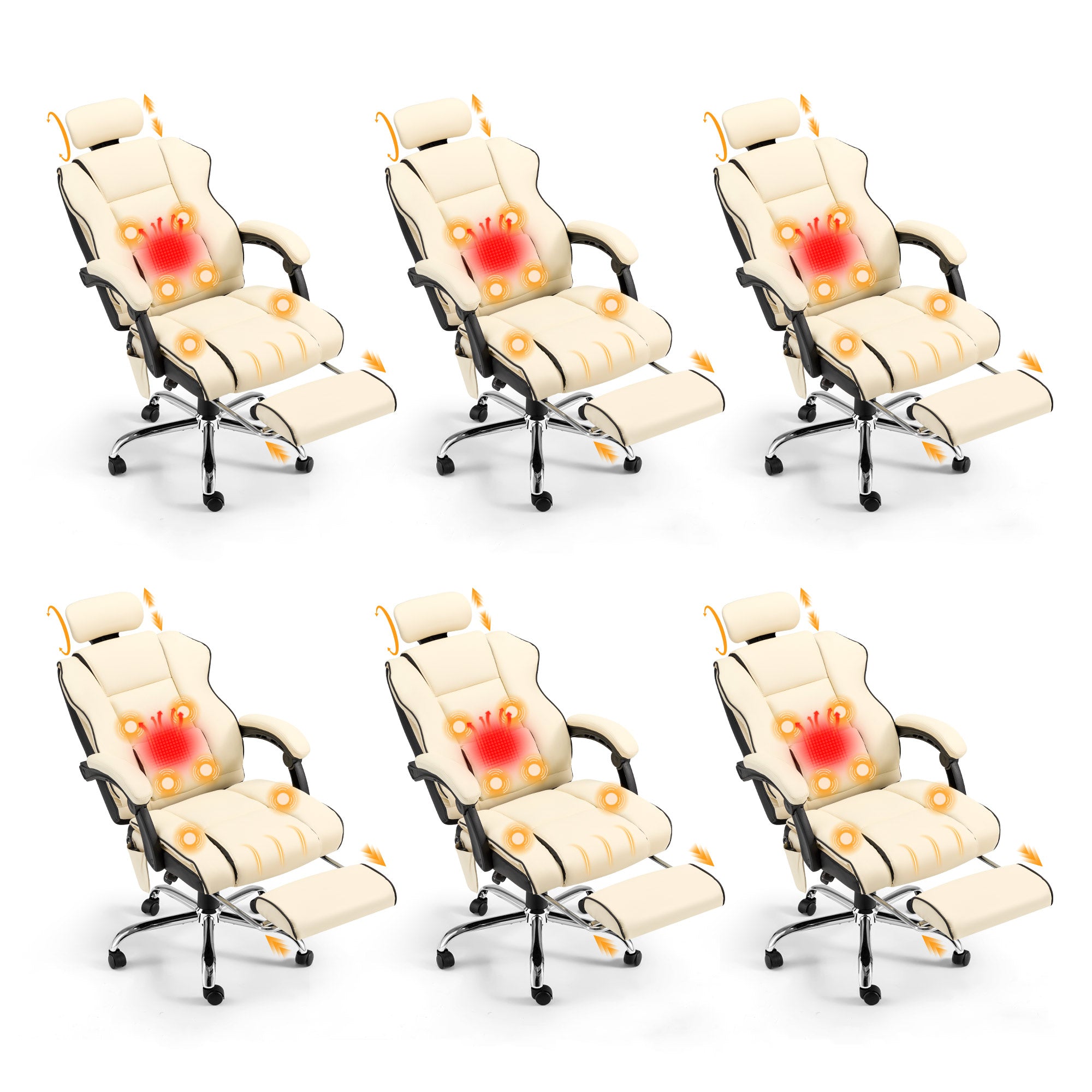 Homrest  6 Piece Set Office Chair with 6-Point Massage and Adjustable Footrest, Ergonomic Gaming Chair White