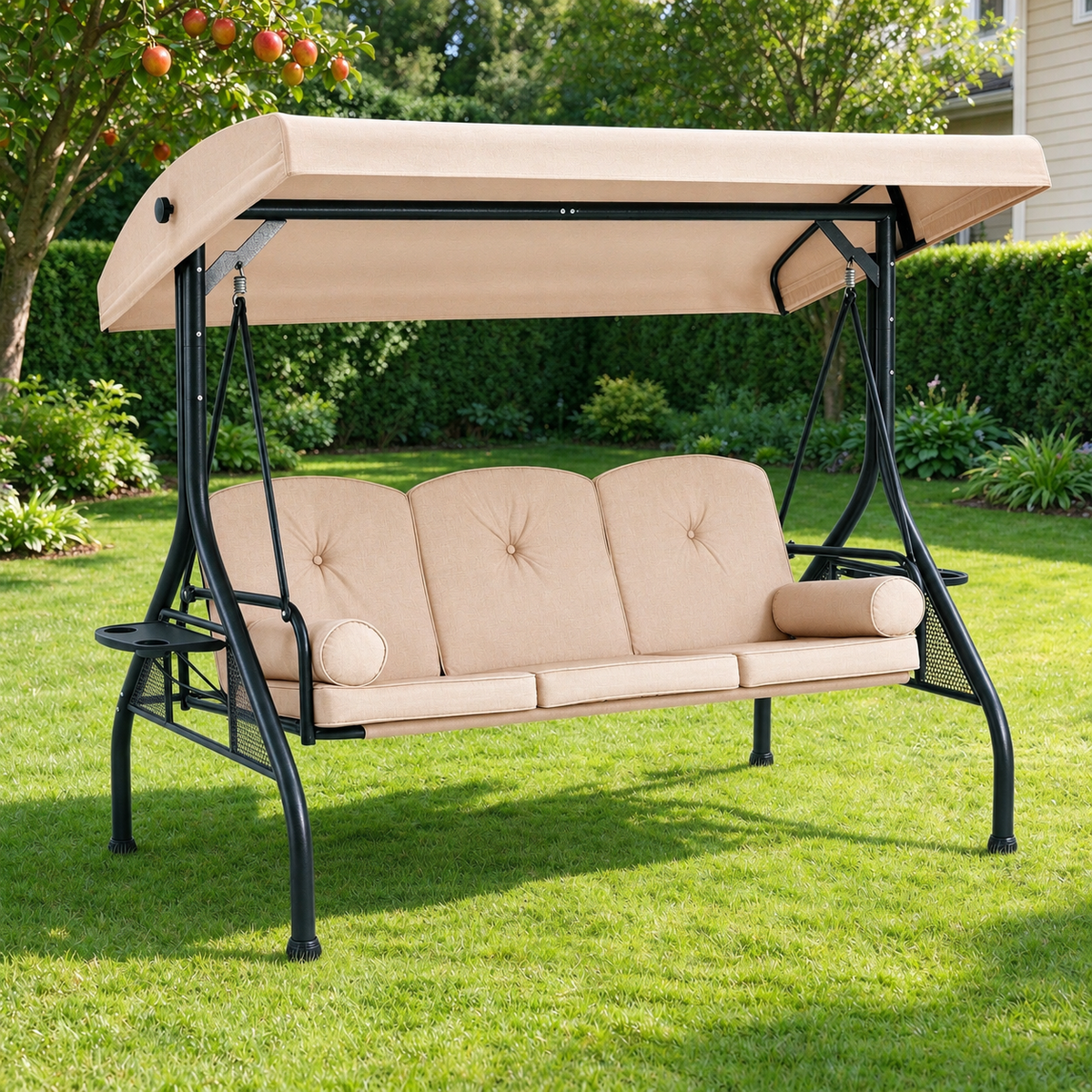 Homrest 3-Seat Outdoor Swing for a Porch with Adjustable Canopy, Backrest and 2 Side Trays, Khaki