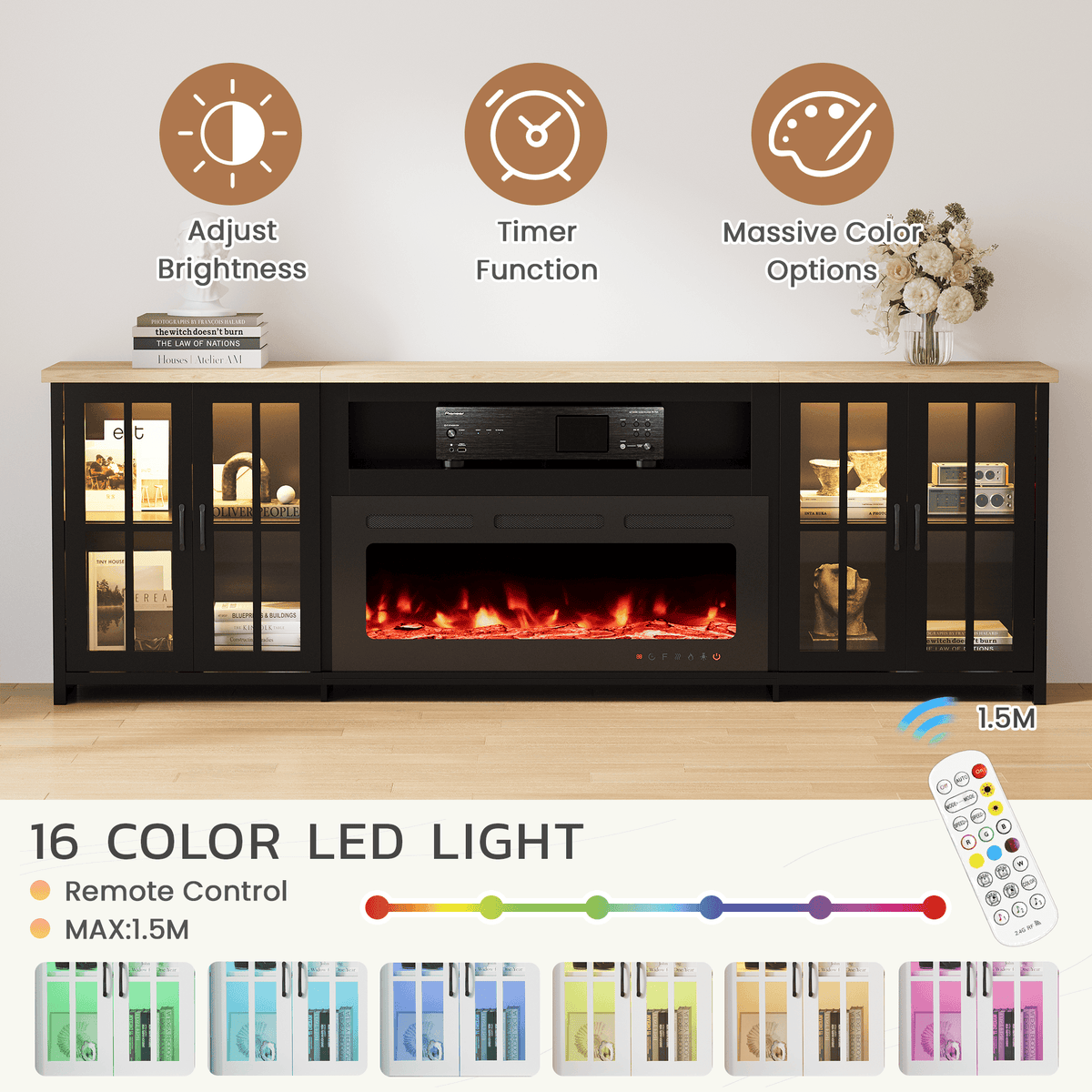HOMREST black fireplace TV stand with remote-controlled 16-color cabinet lighting