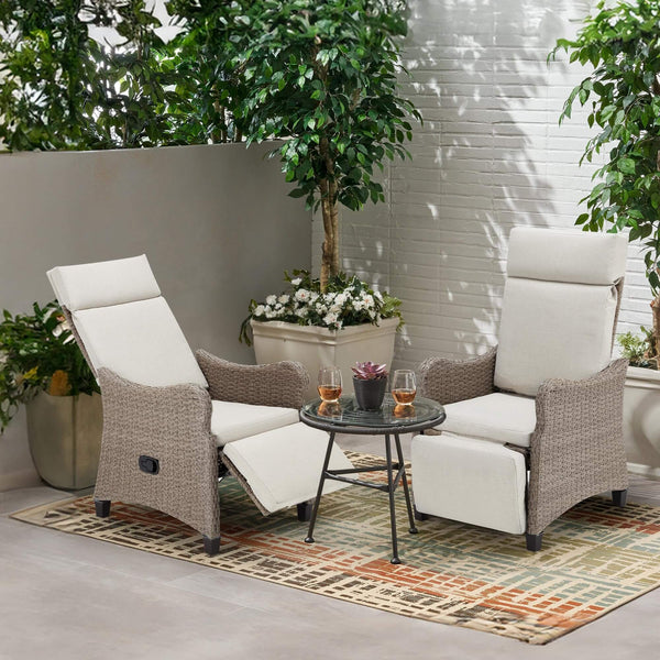 Outdoor Recliner Chair Set of 2, Rattan Lounge Chair with Removable Cushion for Patio Home Yard Garden, Beige