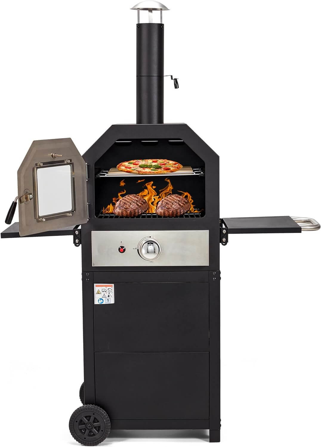 Homrest Freestanding Outdoor 12" Gas Pizza Oven with 2 Foldable Shelves and Wheels