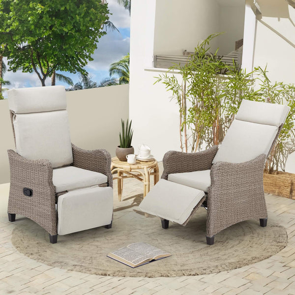 Weatherproof Outdoor Recliner Chair, Rattan Lounge Chair with Thick Removable Cushion for Patio Deck Backyard, Beige