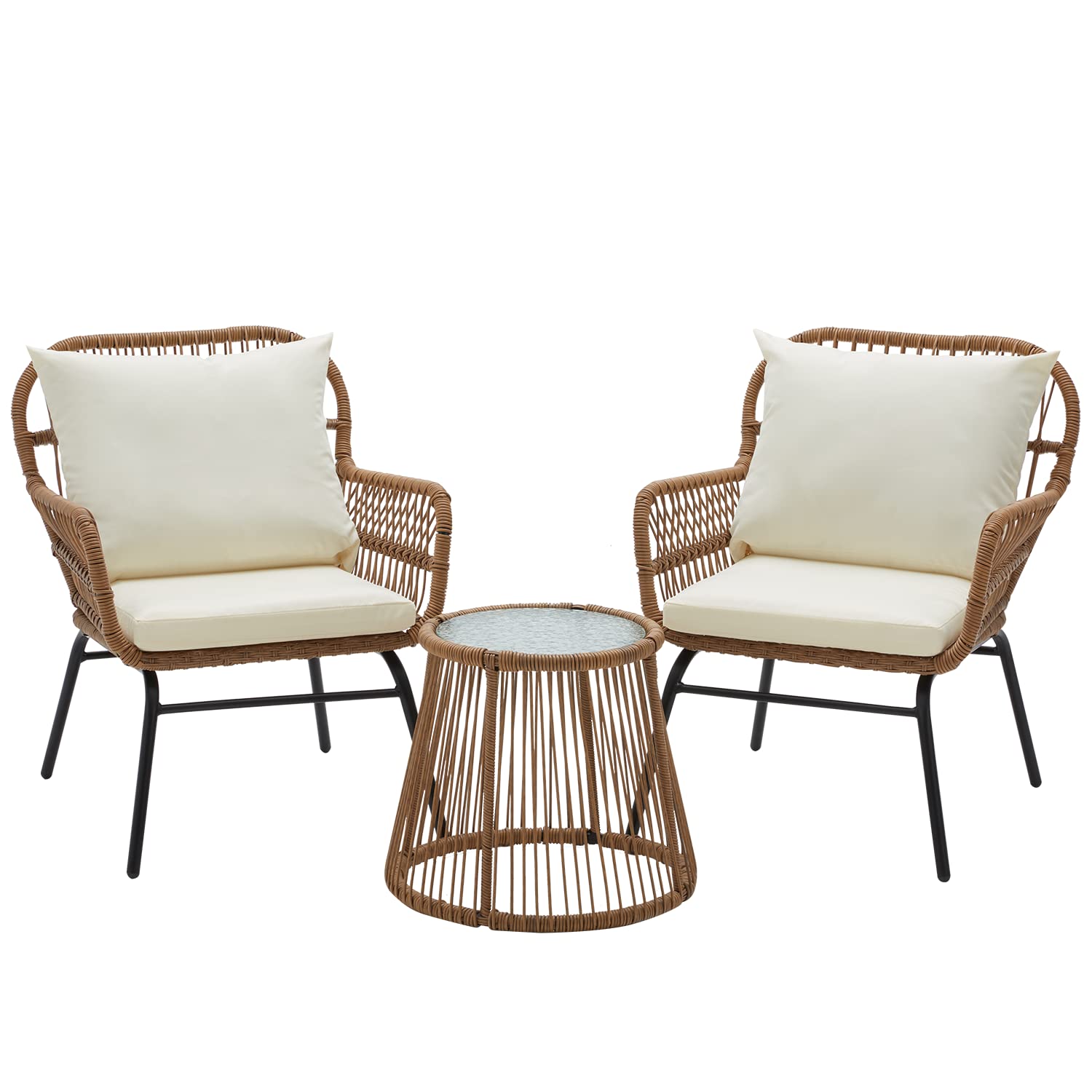 HOMREST 3-Piece Outdoor Wicker Bistro Set with Glass Top
