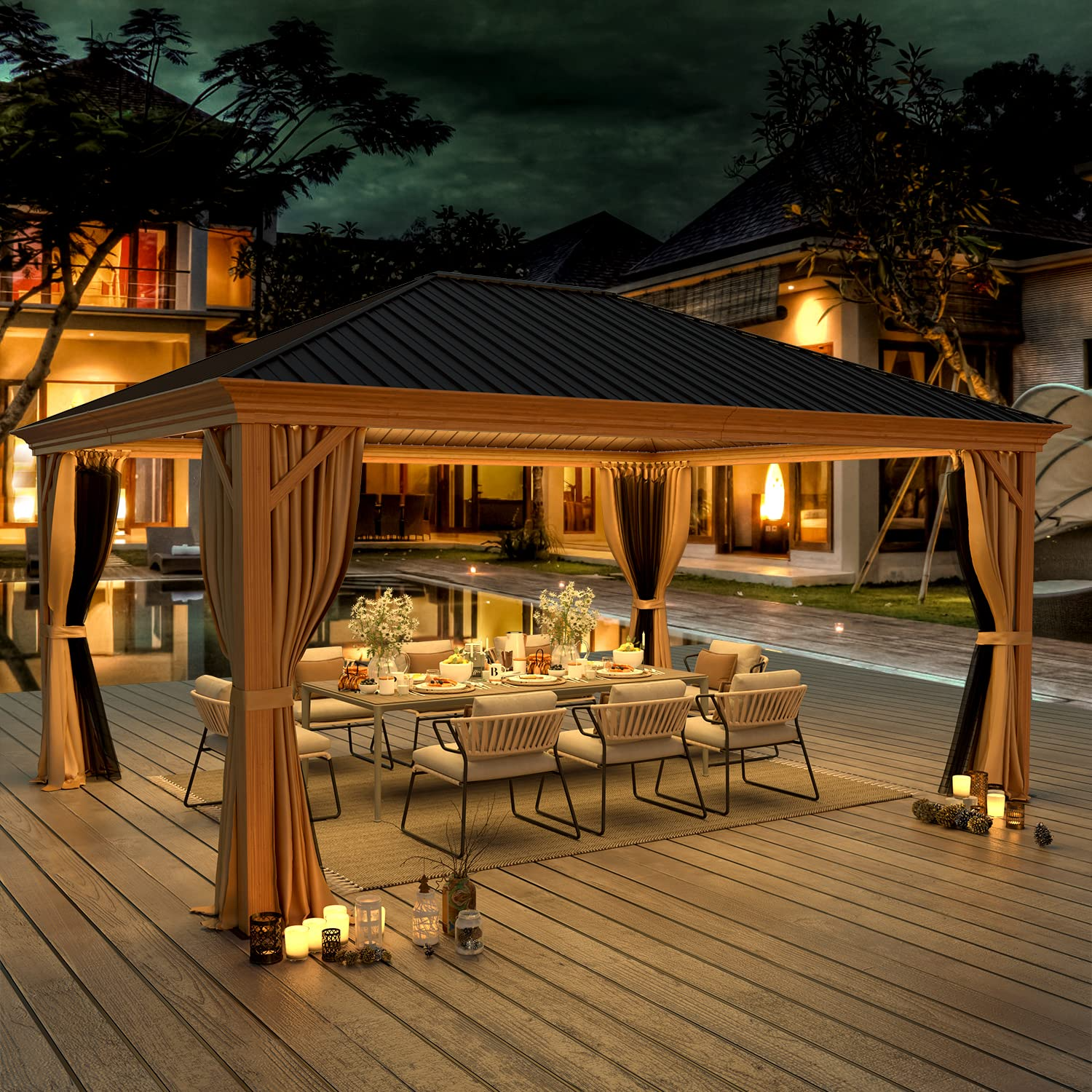 Homrest 12' x 16' Gazebo Hard-Top Single Roof Canopy,Wood Grain Aluminum Gazebo