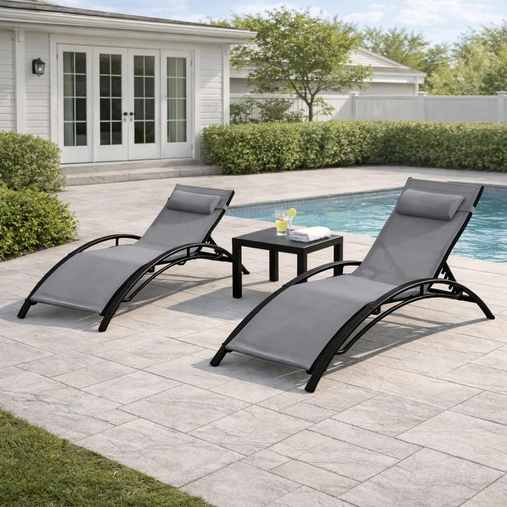 HOMREST 3-Piece Outdoor Chaise Lounge Set, Reclining Patio Chairs with Side Table, Gray