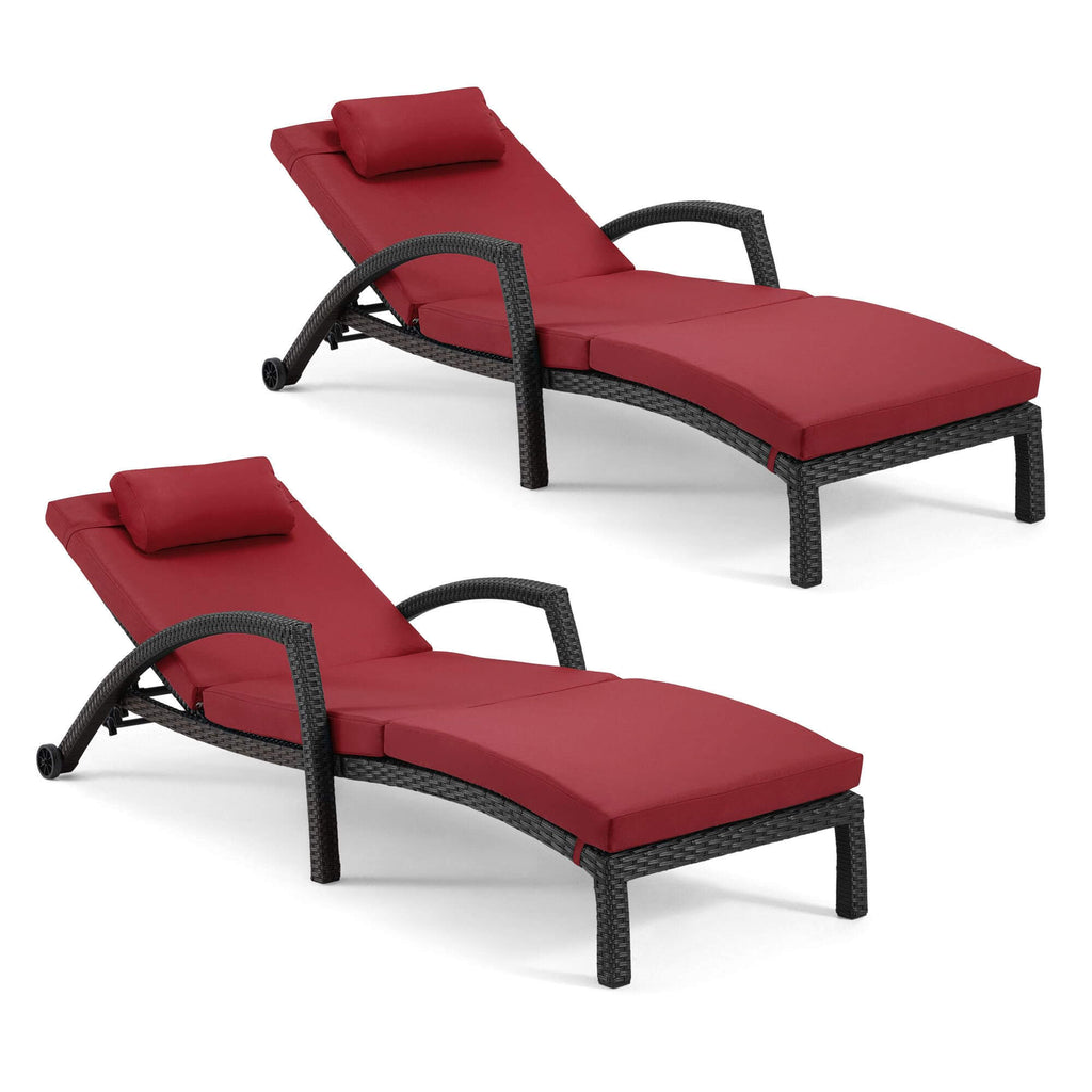 HOMREST Chaise Lounge Chairs Set of 2 for Outside, PE Rattan Wicker Patio Pool Lounge Chair with Arm, Red Cushion for Poolside Beach