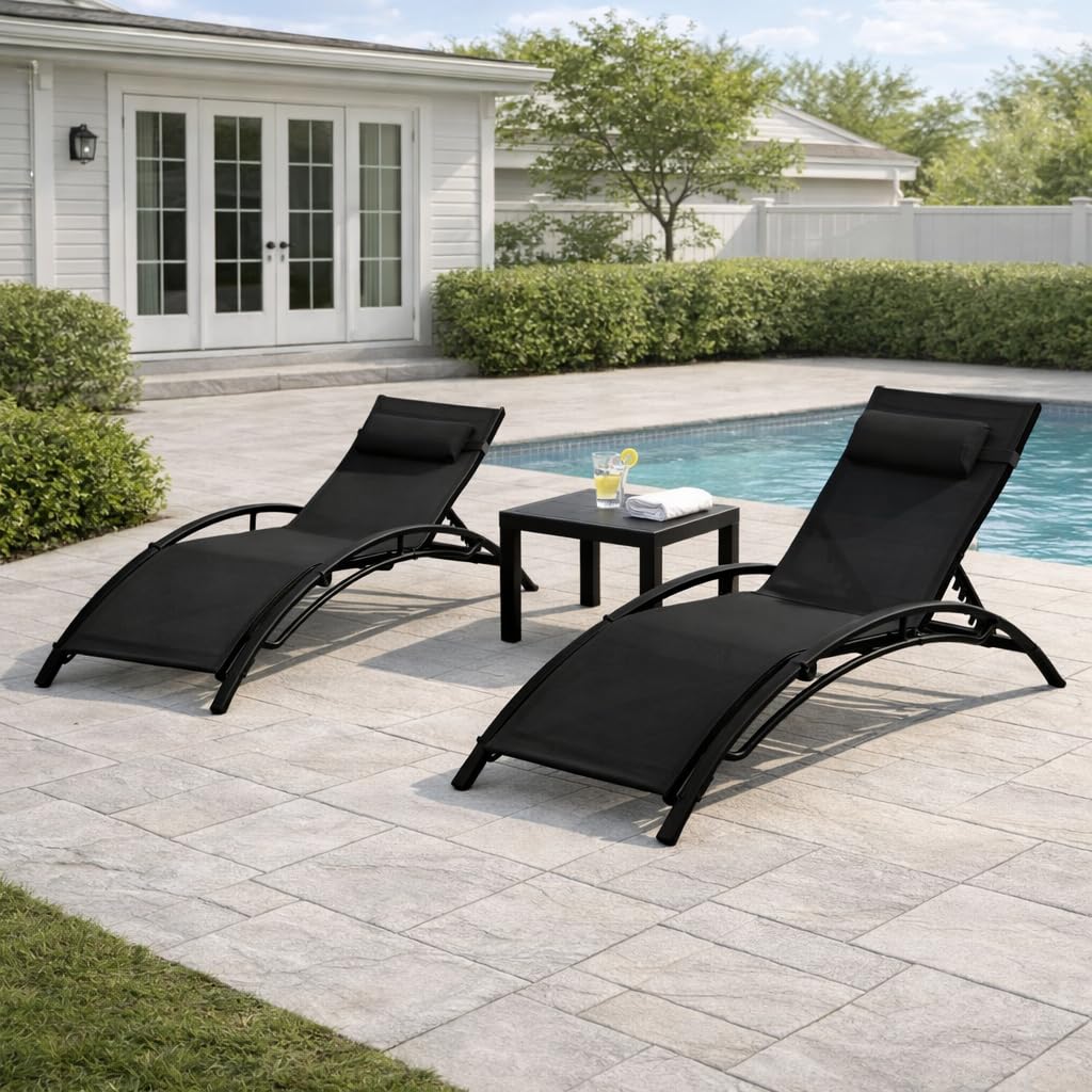 HOMREST 3-Piece Outdoor Chaise Lounge Set, Reclining Patio Chairs with Side Table, Black