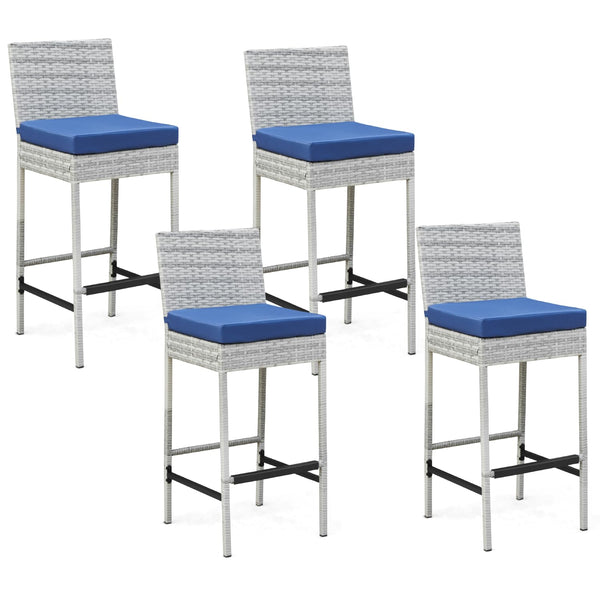 HOMREST Rattan Bar Stools Set of 4, Wicker Woven Patio Stools & Patio Bar Chairs with Seat Cushion and Cozy Footrest, Outdoor Furniture Armless Counter Height, Gray/Blue