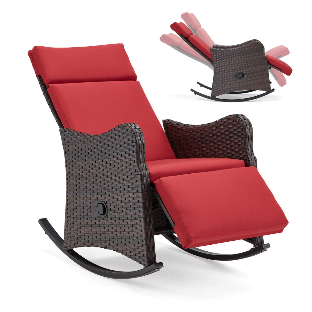 Outdoor Recliner Chair, Rattan Wicker Rocking Chair with Soft Removable Cushion, Red