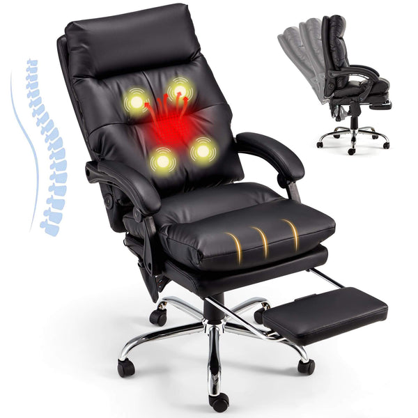 Reclining Executive Office Chair with Heat and Massage and USB Port, Comfortable Computer Desk Chair with Footrest (PU Leather Black)