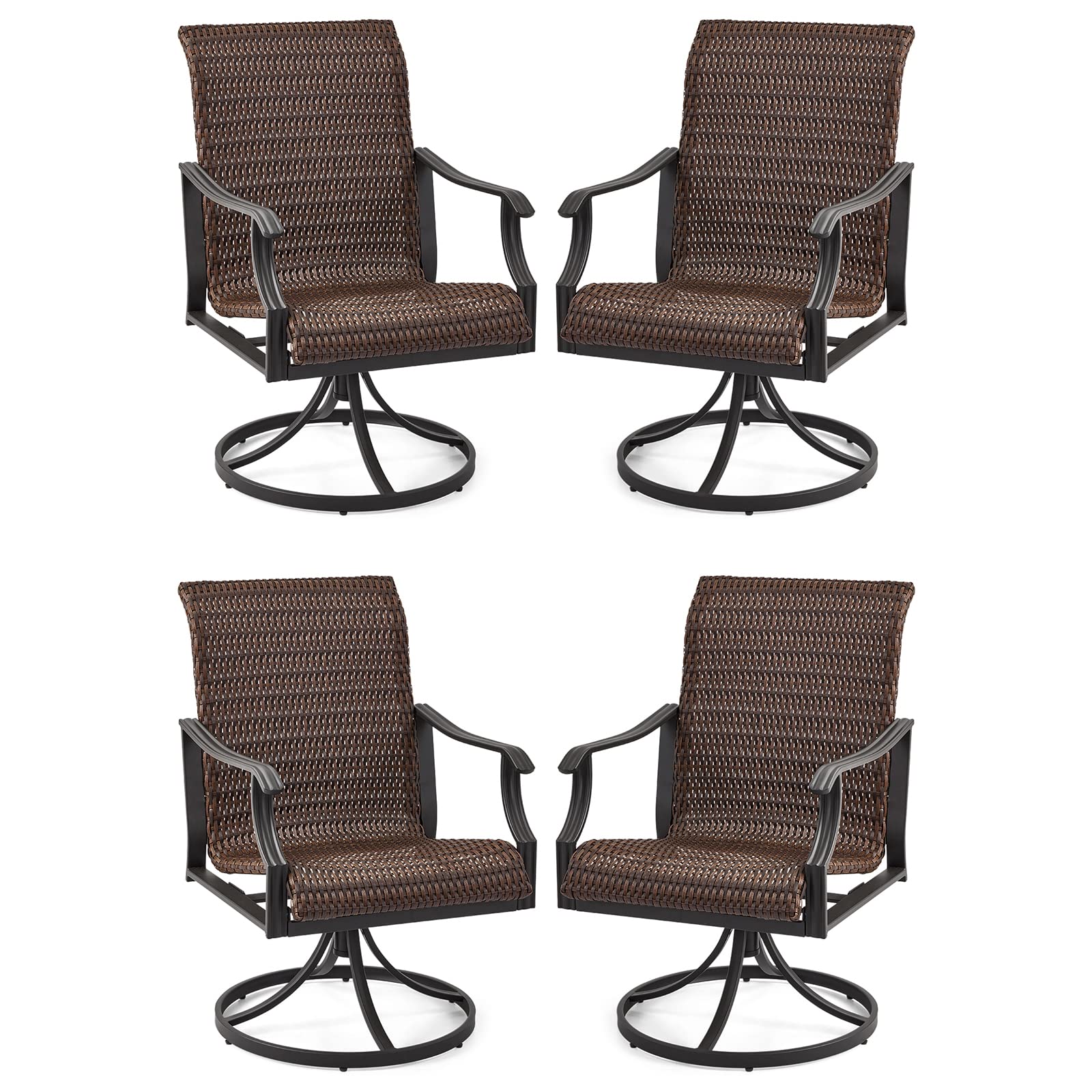 HOMREST Patio Wicker Swivel Chair Set of 4, Heavy Duty Outdoor Dining Chair with 23.5'' High Back, Extra-Large Water-Fall Seat, Gentle Rocker