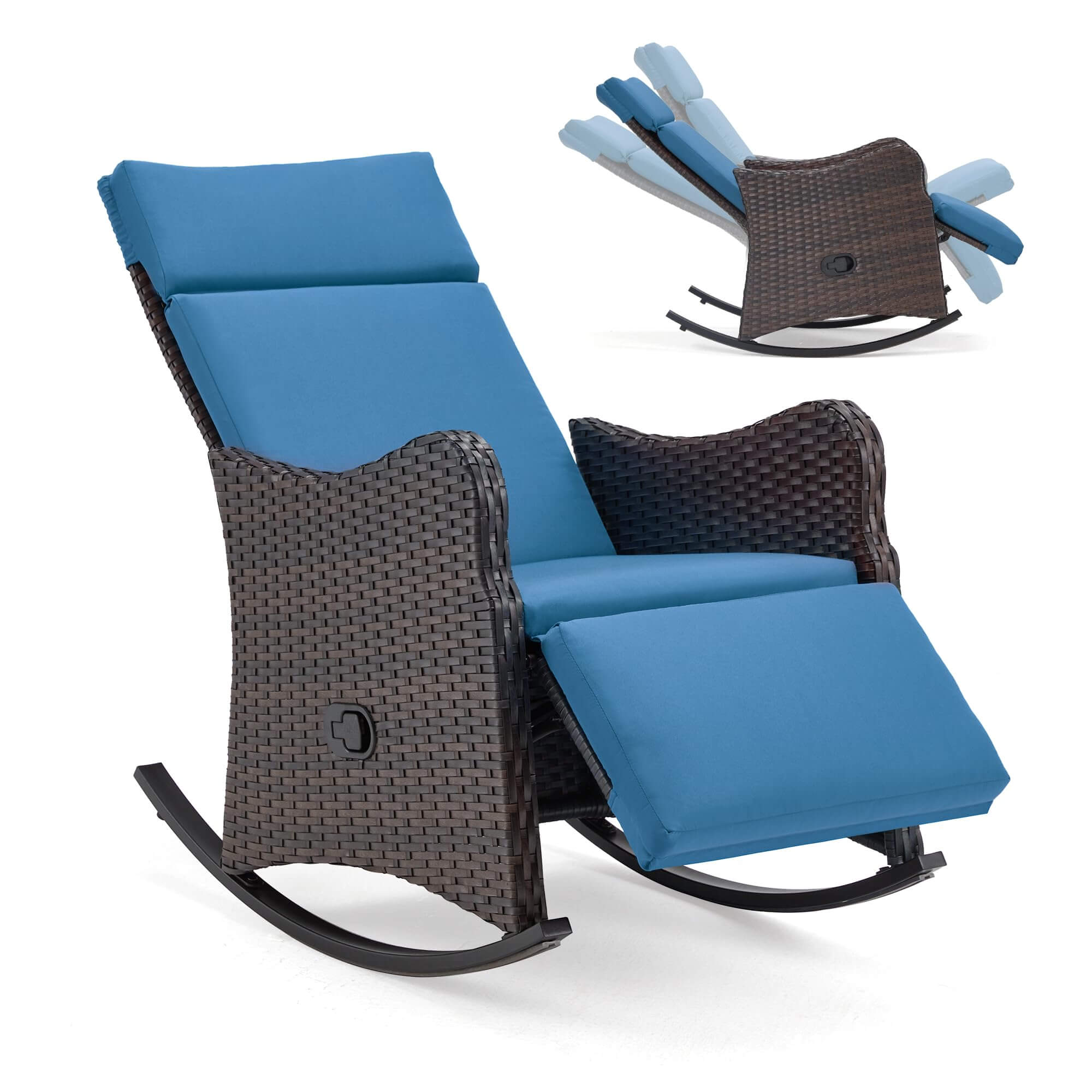 Homrest Outdoor Recliner Chair, Rattan Wicker Rocking Chair with Cushion, Blue