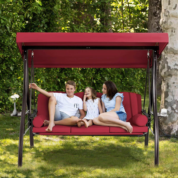 3-Seat Outdoor Porch Swing with Adjustable Canopy Backrest and 2 Side Trays (Wine Red)