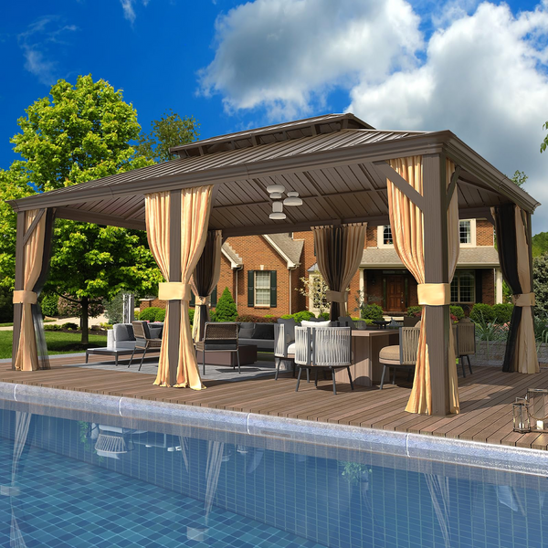 Homrest 12' x 18' Gazebo Double Hardtop Roof Galvanized Steel Pavilion Aluminum Frame Permanent Brown