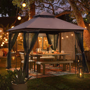 HOMREST Outdoor Gazebo 10'x10', Heavy Duty Canopy Tent with Soft Double Roofs & Metal Corner Frame Shelves, Party Tent Shelter with Mosquito Netting for Patio, Deck, Backyard, Brown