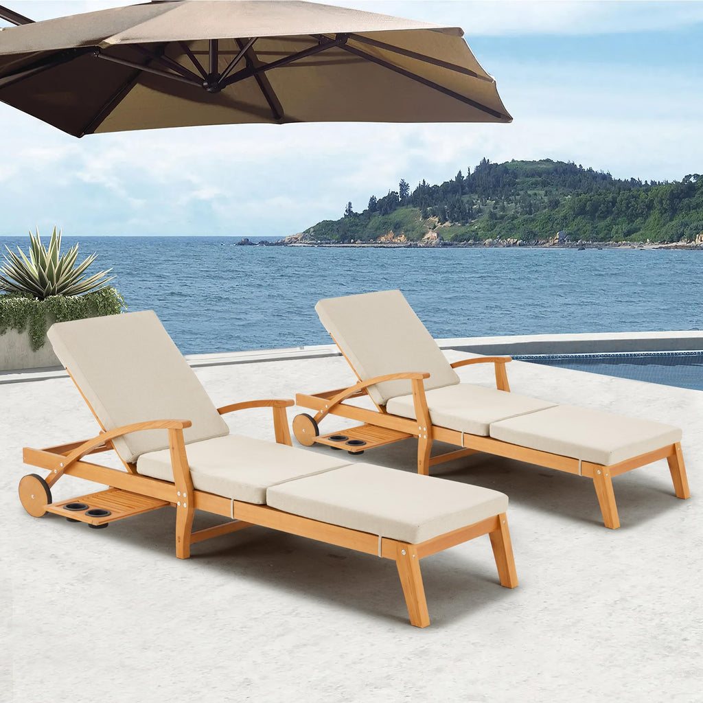 Outdoor Wood Chaise Lounge Chair Set of 2, with Slide-Out Tray, Adjustable Backrest, Moving Wheels and Breathable Fabric