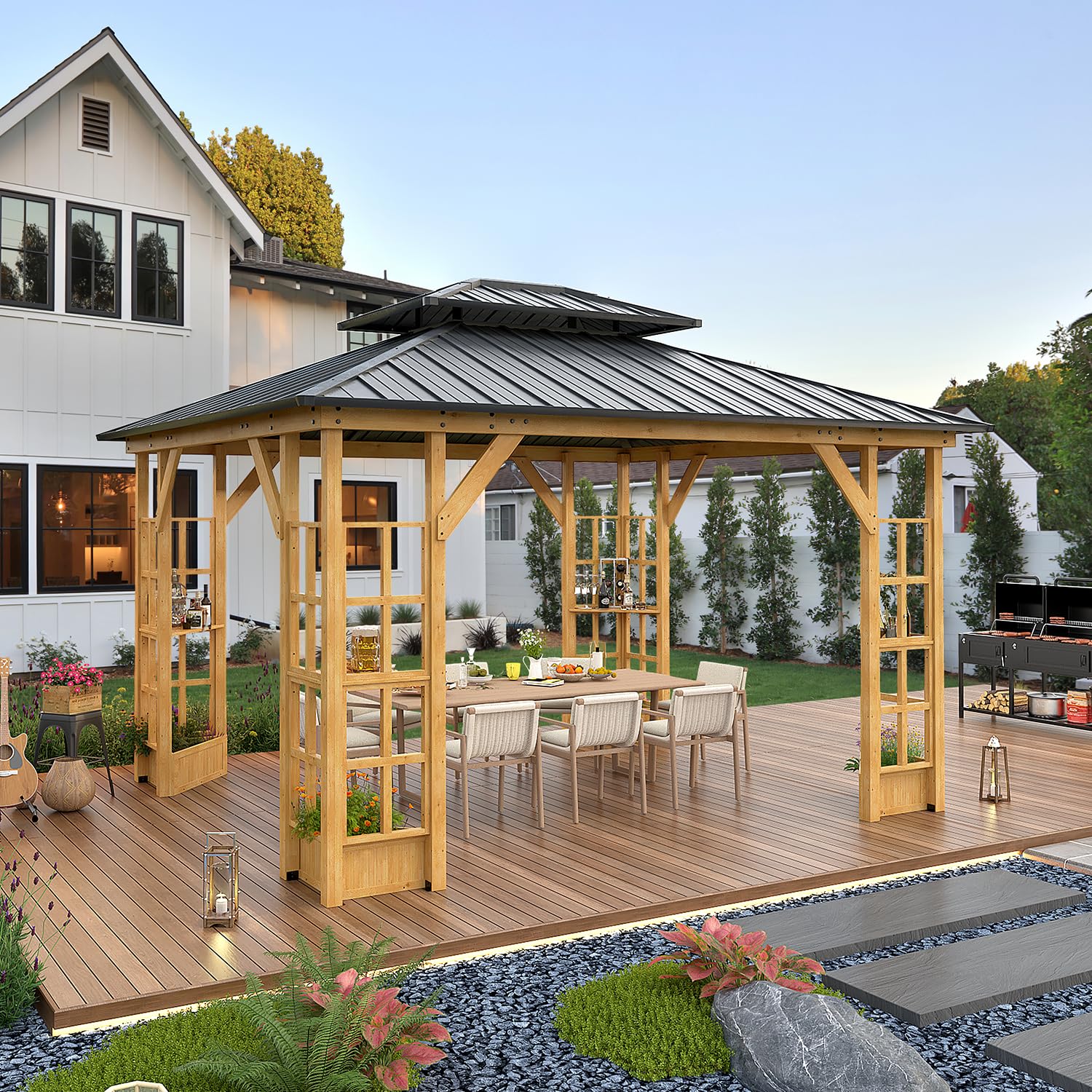 Homrest 11' x 13' Wood Gazebo, Outdoor Hardtop Gazebo Pavilion with Spruce Solid Wooden Frame, Double Roof Metal Canopy for Patio Backyard Deck Garden