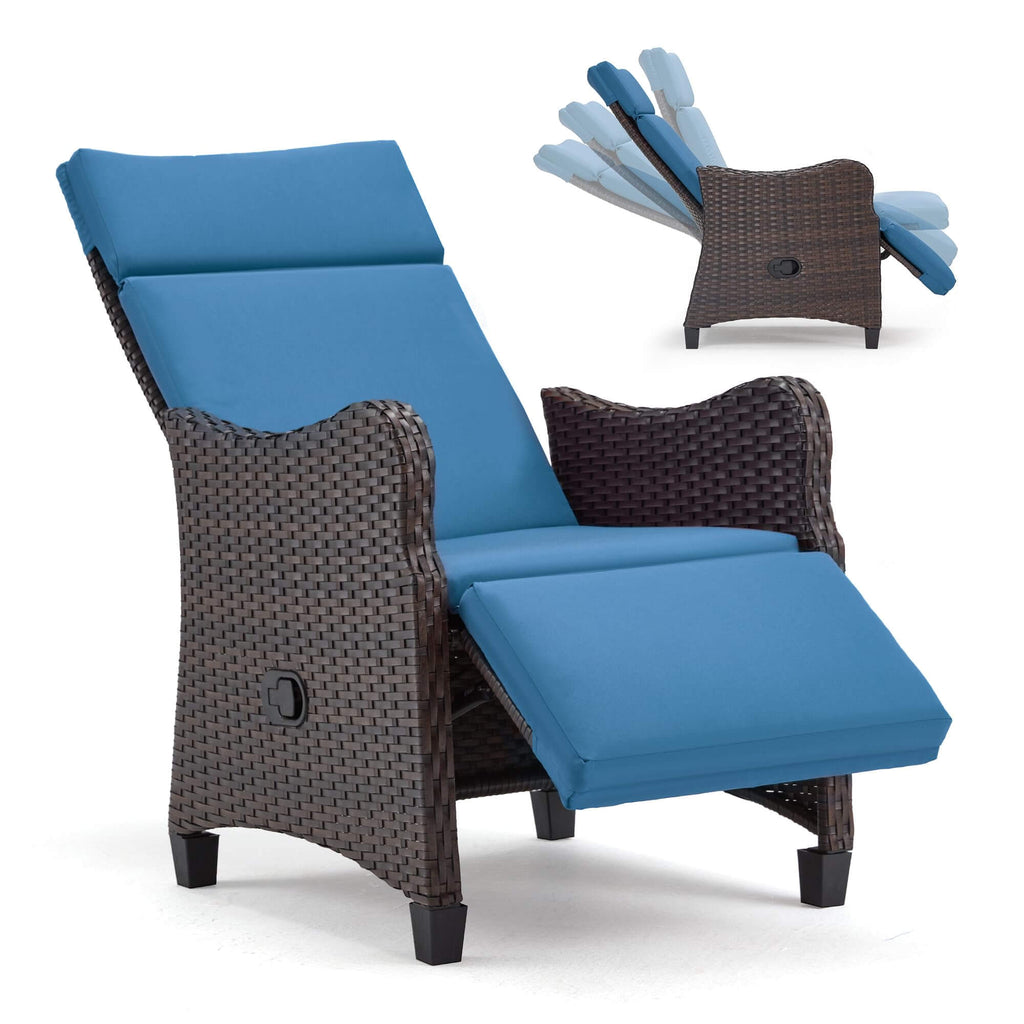 Weatherproof Outdoor Recliner Chair, Rattan Lounge Chair with Thick Removable Cushion for Patio Deck Backyard, Blue