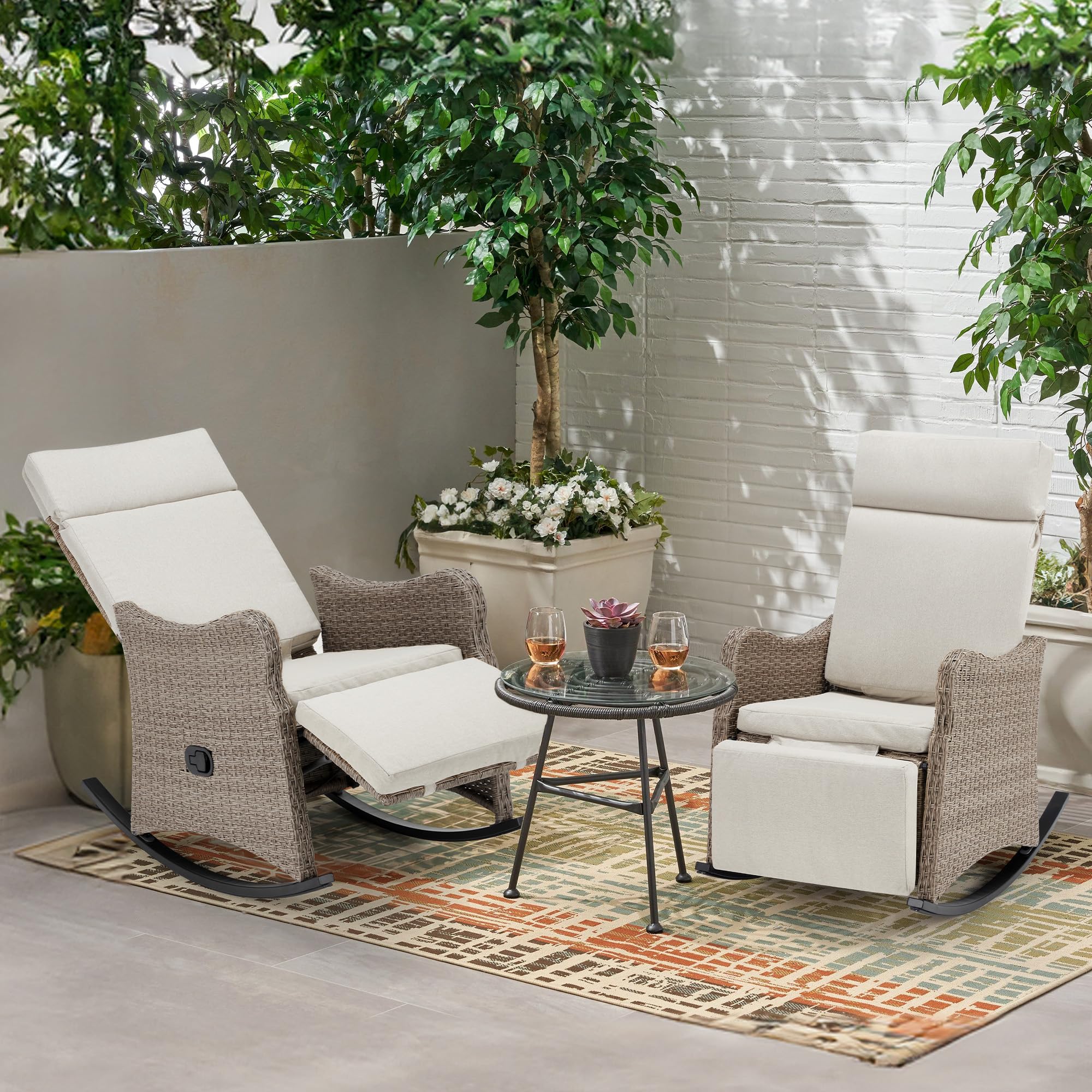 Homrest Outdoor Recliner Chair, Rattan Wicker Rocking Chair with Removable Cushion, Beige