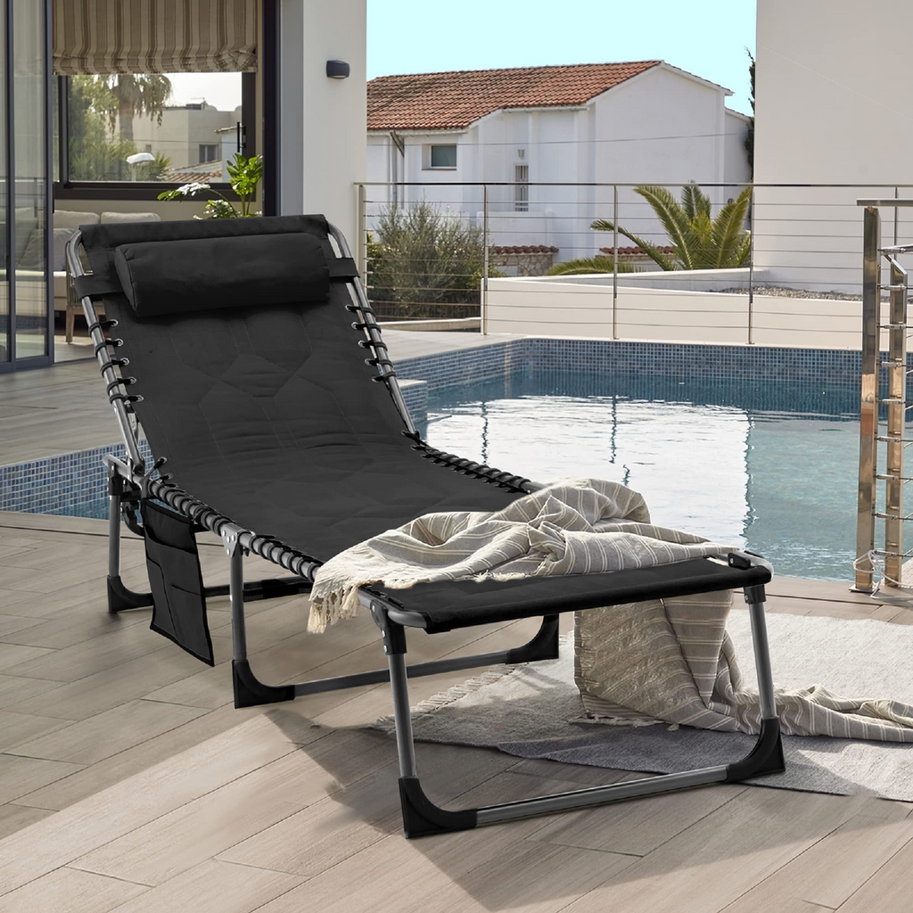 Patio Folding Chaise Lounge Chair Portable Outdoor Chair with Detachable Pocket and Pillow（Black）