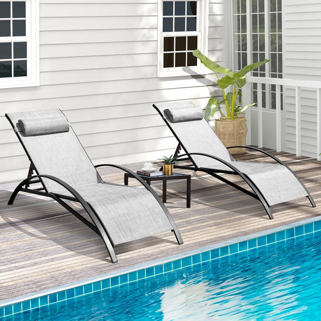 HOMREST 3 PCS Pool Lounge Chairs Set of 2 with Table, Grey