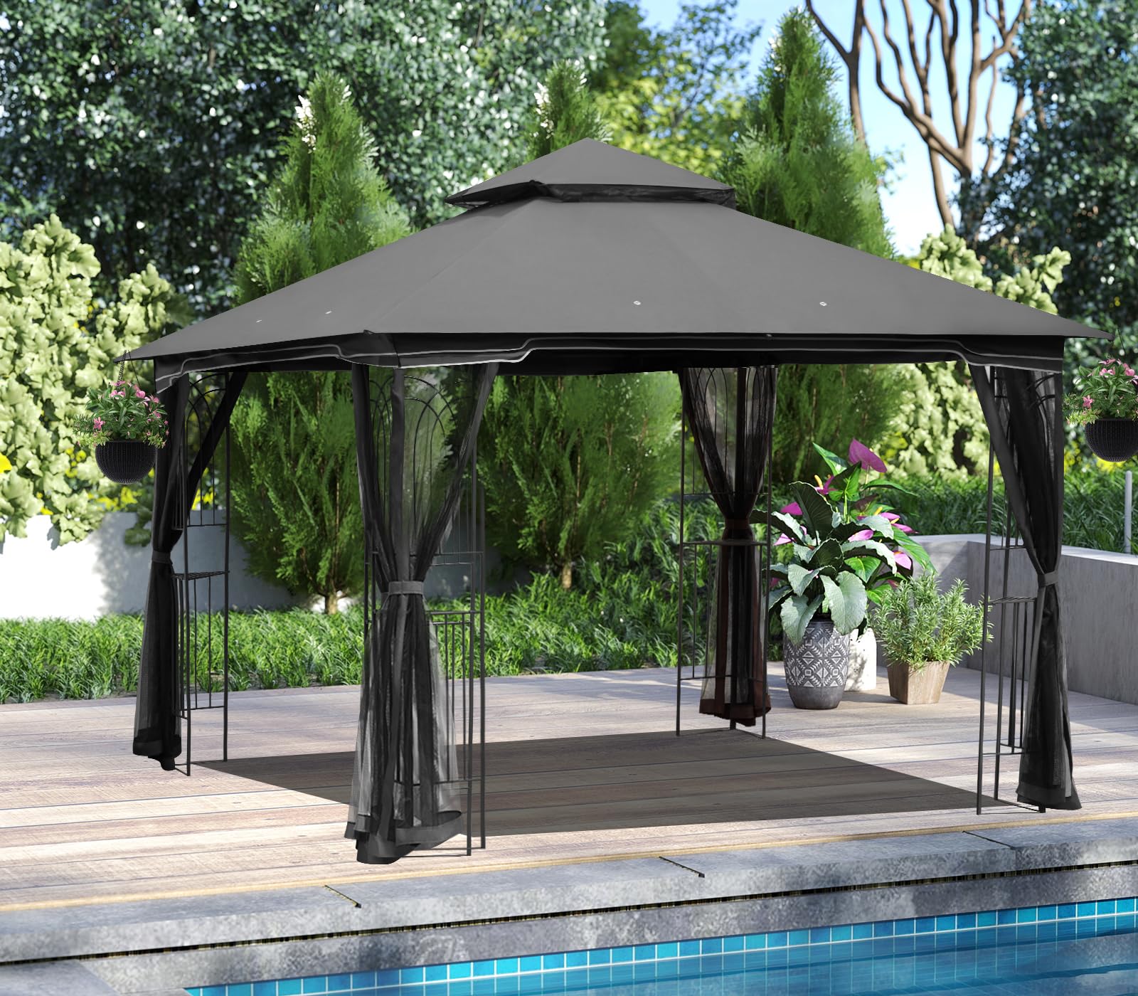 HOMREST Outdoor Gazebo 10'x10', Heavy Duty Canopy Tent with Soft Double Roofs & Metal Corner Frame Shelves, Party Tent Shelter with Mosquito Netting for Patio, Deck, Backyard, Gray