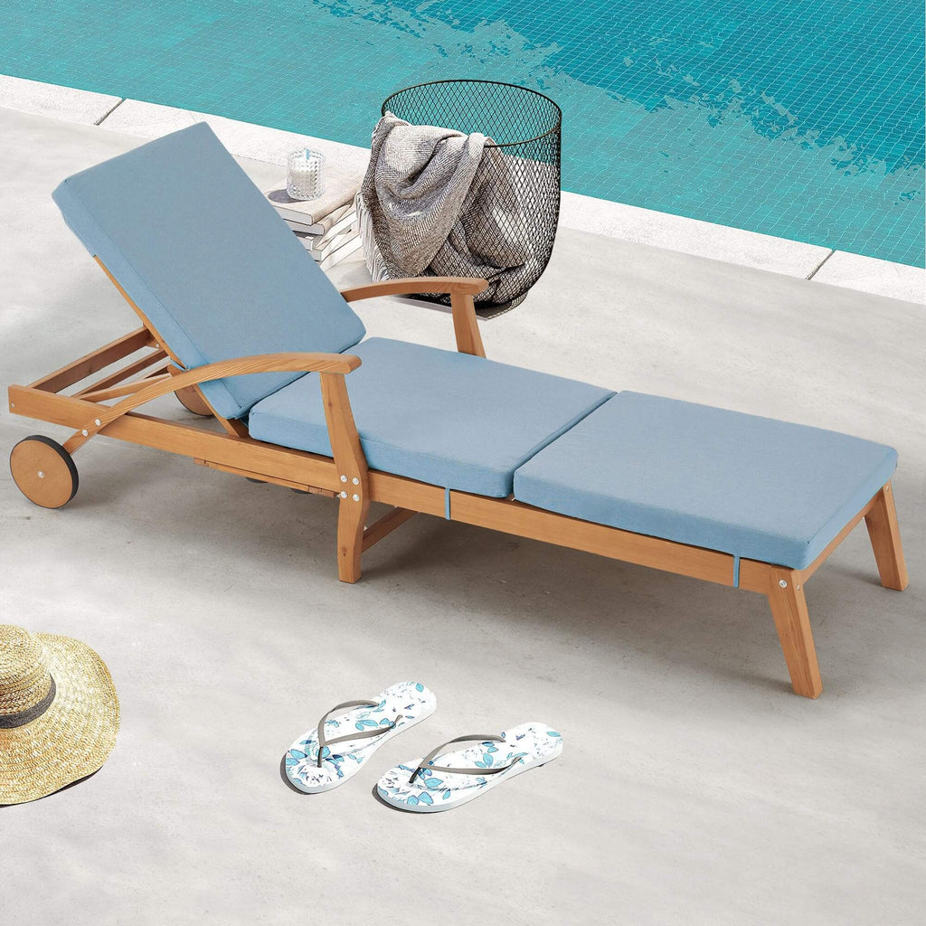 Outdoor Wood Chaise Lounge Chair, with Slide-Out Tray, Adjustable Backrest, Moving Wheels and Breathable Fabric (Blue)