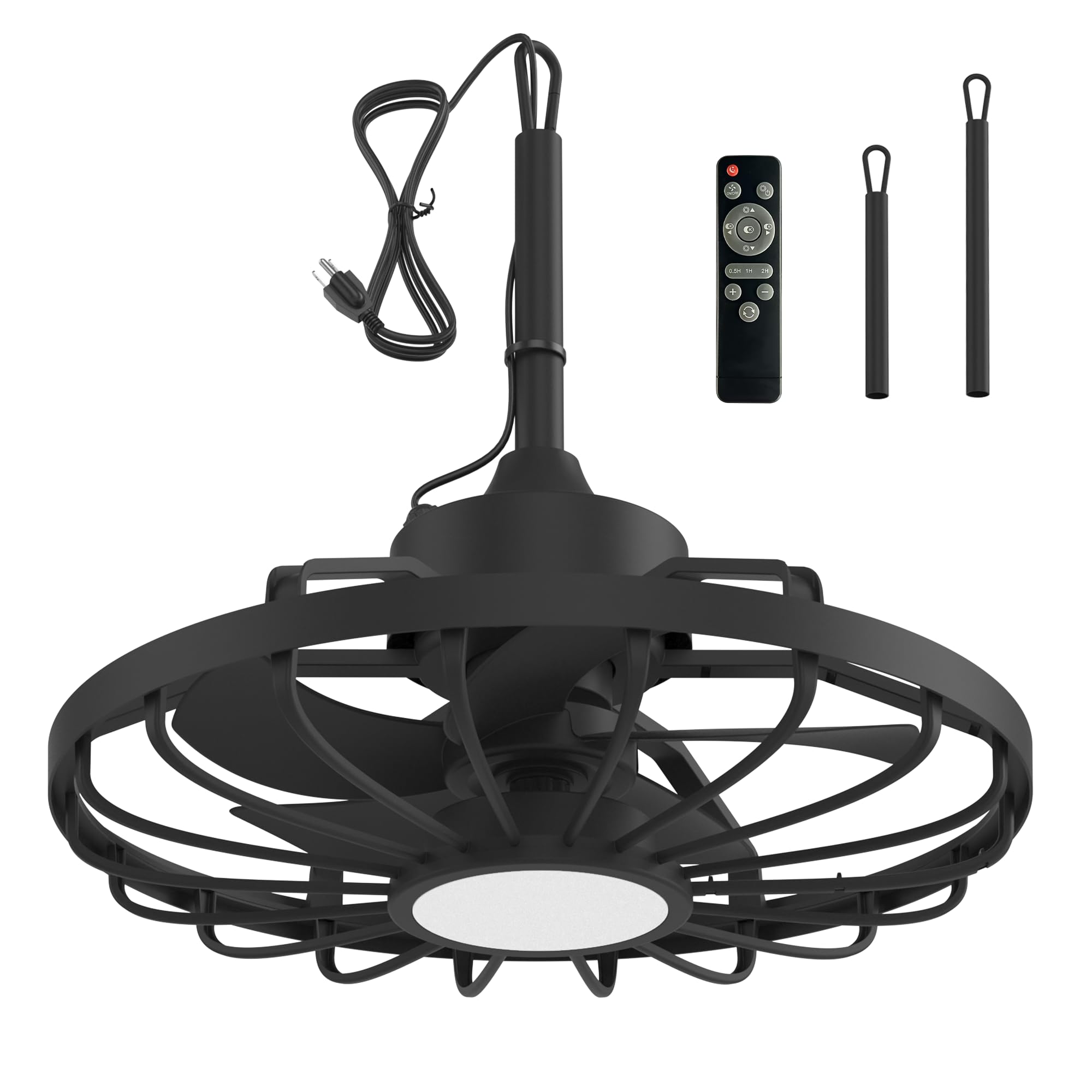 HOMREST 20" Outdoor Ceiling Fan with Light，IP65 Waterproof Plug in Ceiling Fan with Remote and 2 Downrods, Gazebo Caged Hanging Fan with 3 Color LED Light for Porch, Pergola, Canopy, Black